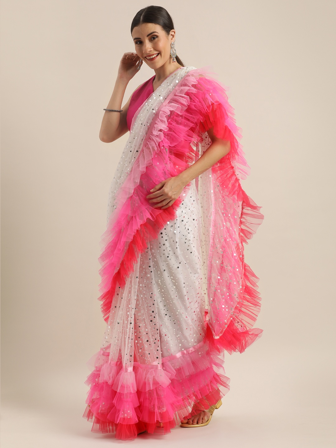 

Tikhi Imli White & Pink Net Embellished Ruffled Saree