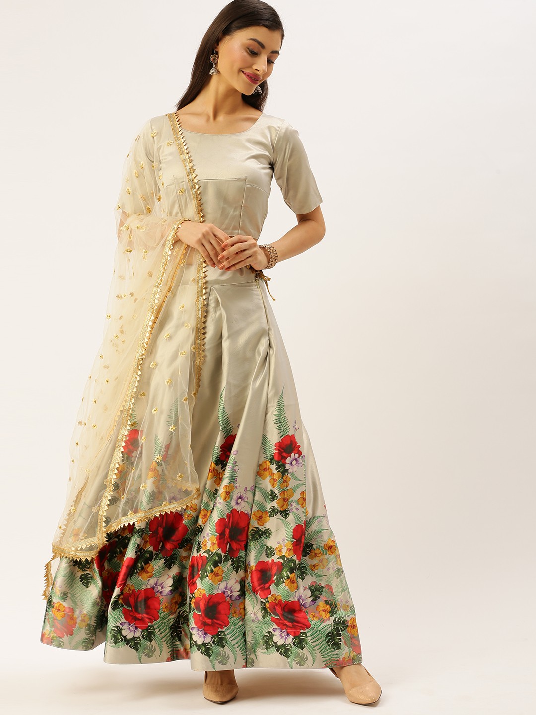 

LOOKNBOOK ART Grey & Red Solid Semi-Stitched Lehenga & Unstitched Blouse with Dupatta