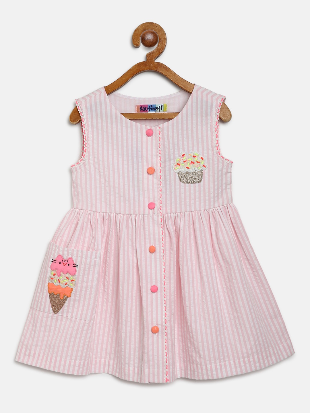 

Nauti Nati Girls Pink & White Striped A-Line Dress With Applique Detail