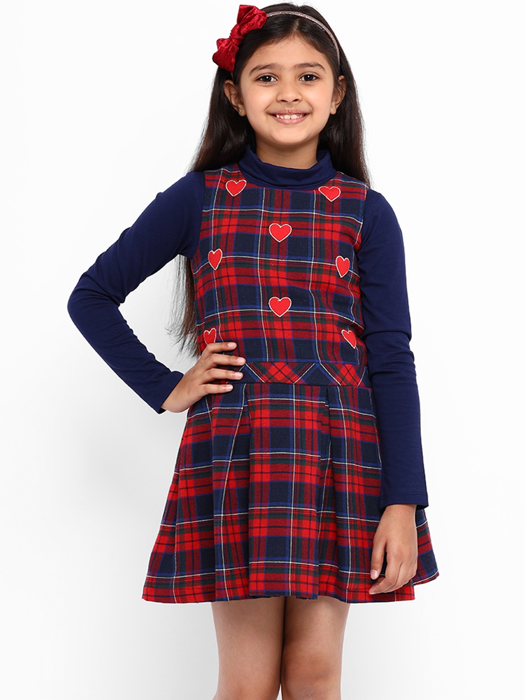 

Nauti Nati Girls Red & Navy Blue Checked A-Line Dress with T-shirt