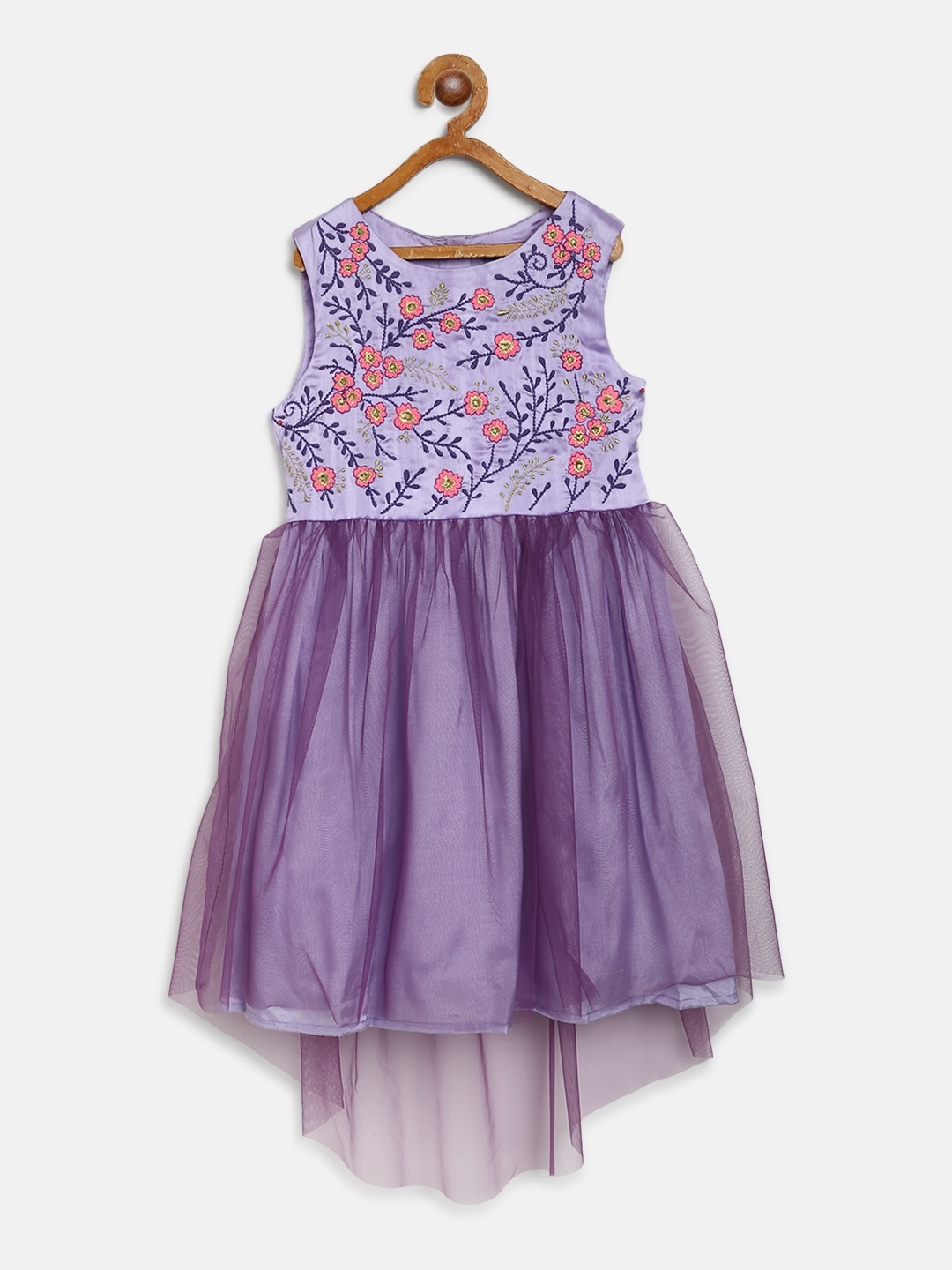 

Nauti Nati Girls Purple & Coral Pink Floral Embroidered Net A-Line Dress