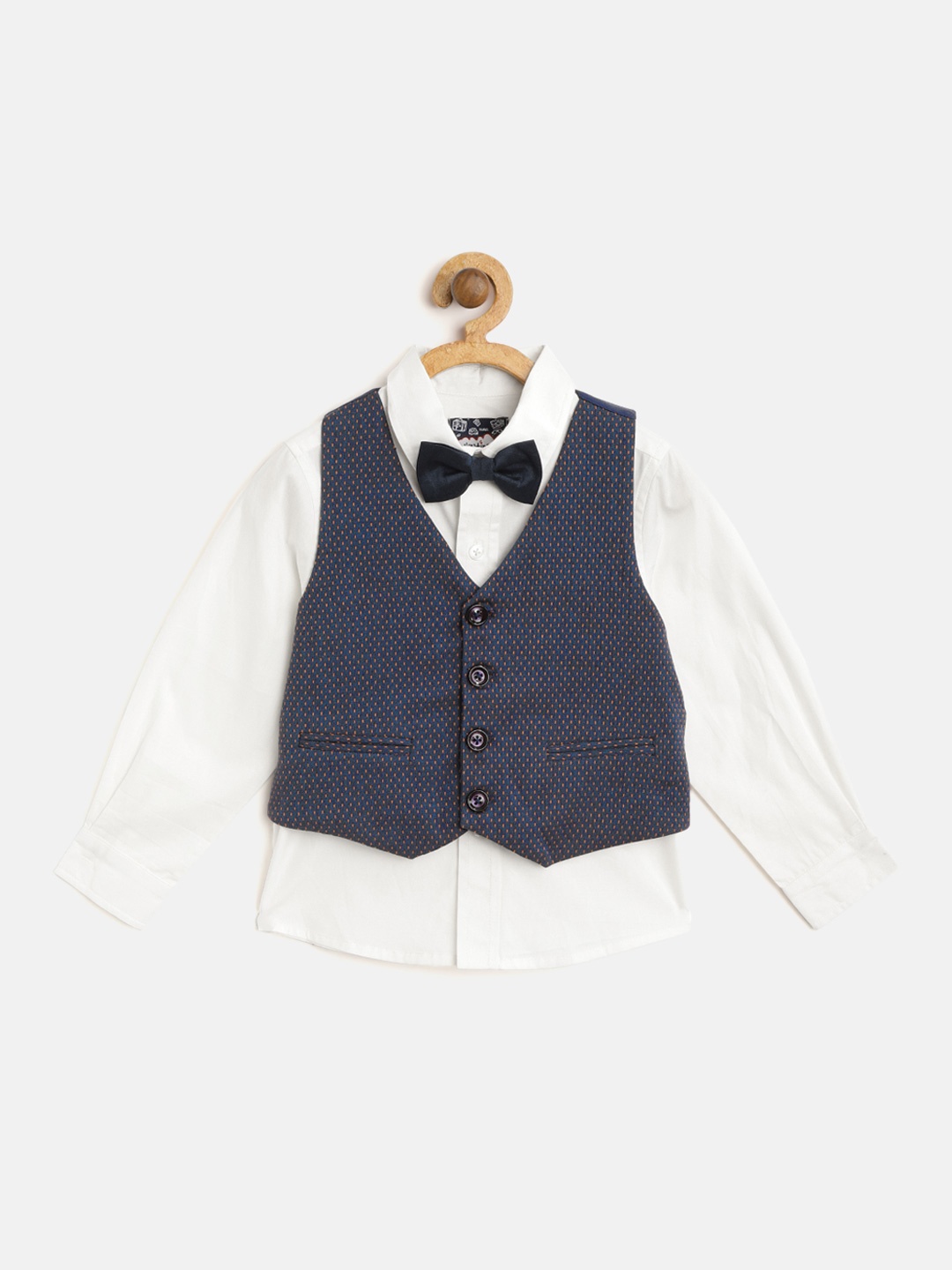 

Nauti Nati Boys White Solid Regular Fit Casual Shirt with Waistcoat & Bow Tie