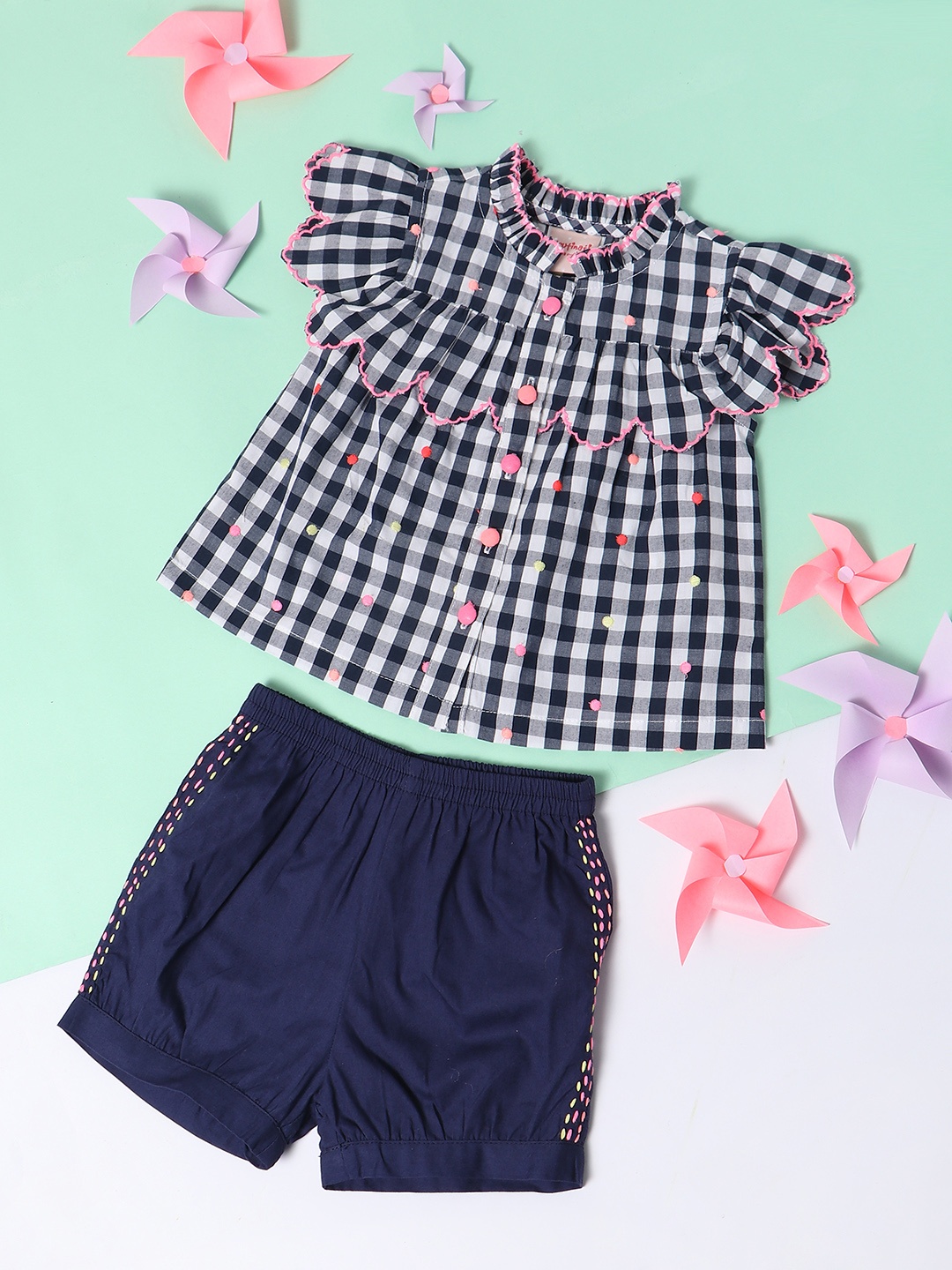 

Nauti Nati Girls Navy Blue & White Checked Clothing Set