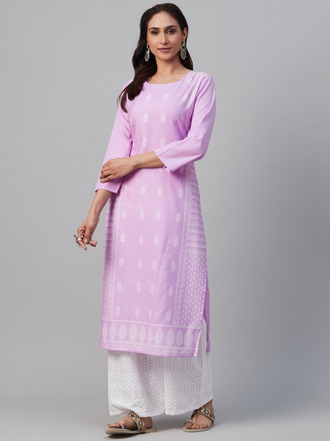

AHIKA Women Lavender & Off-White Printed Straight Kurta