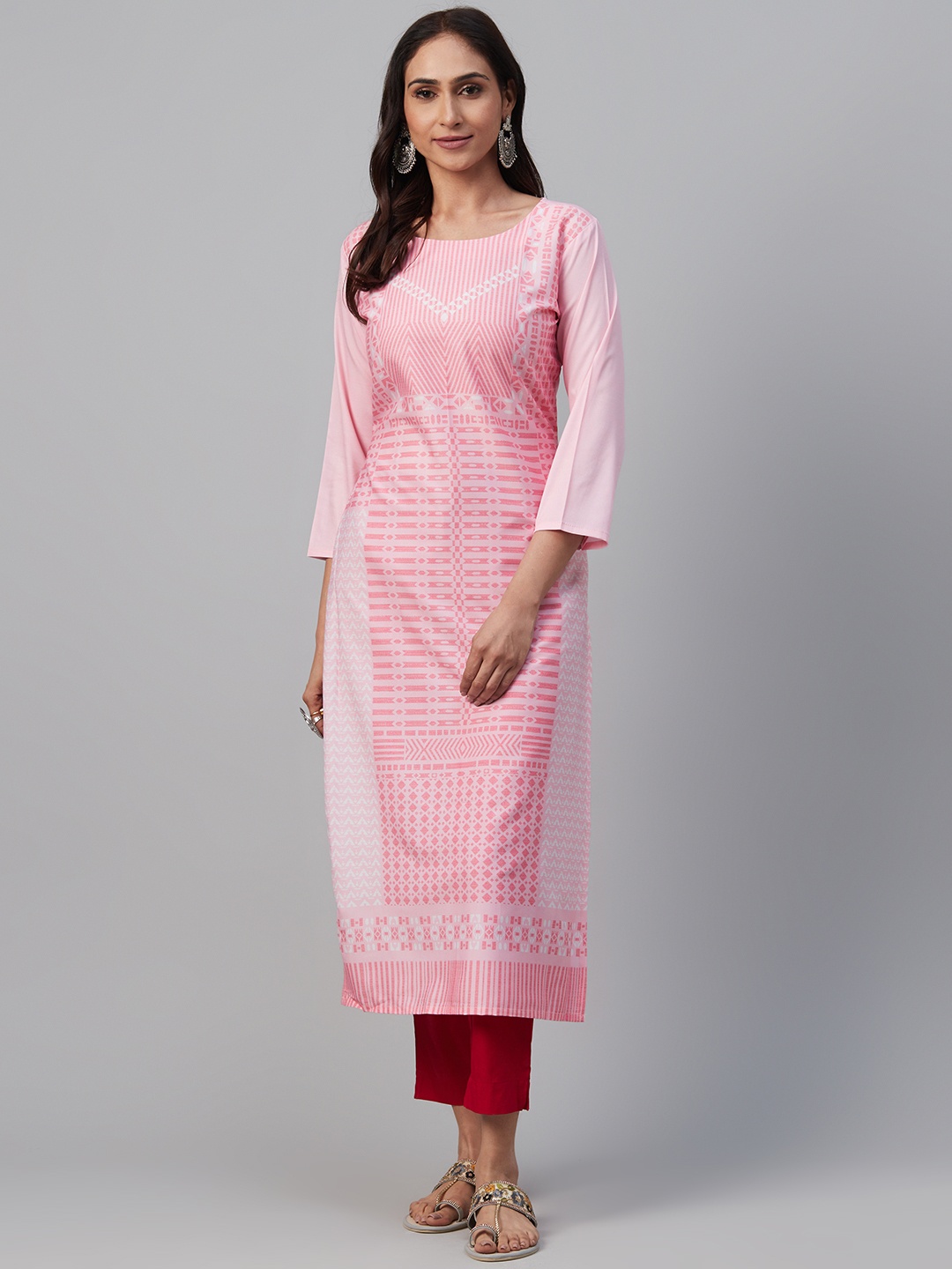 

AHIKA Women Pink & White Striped Straight Kurta