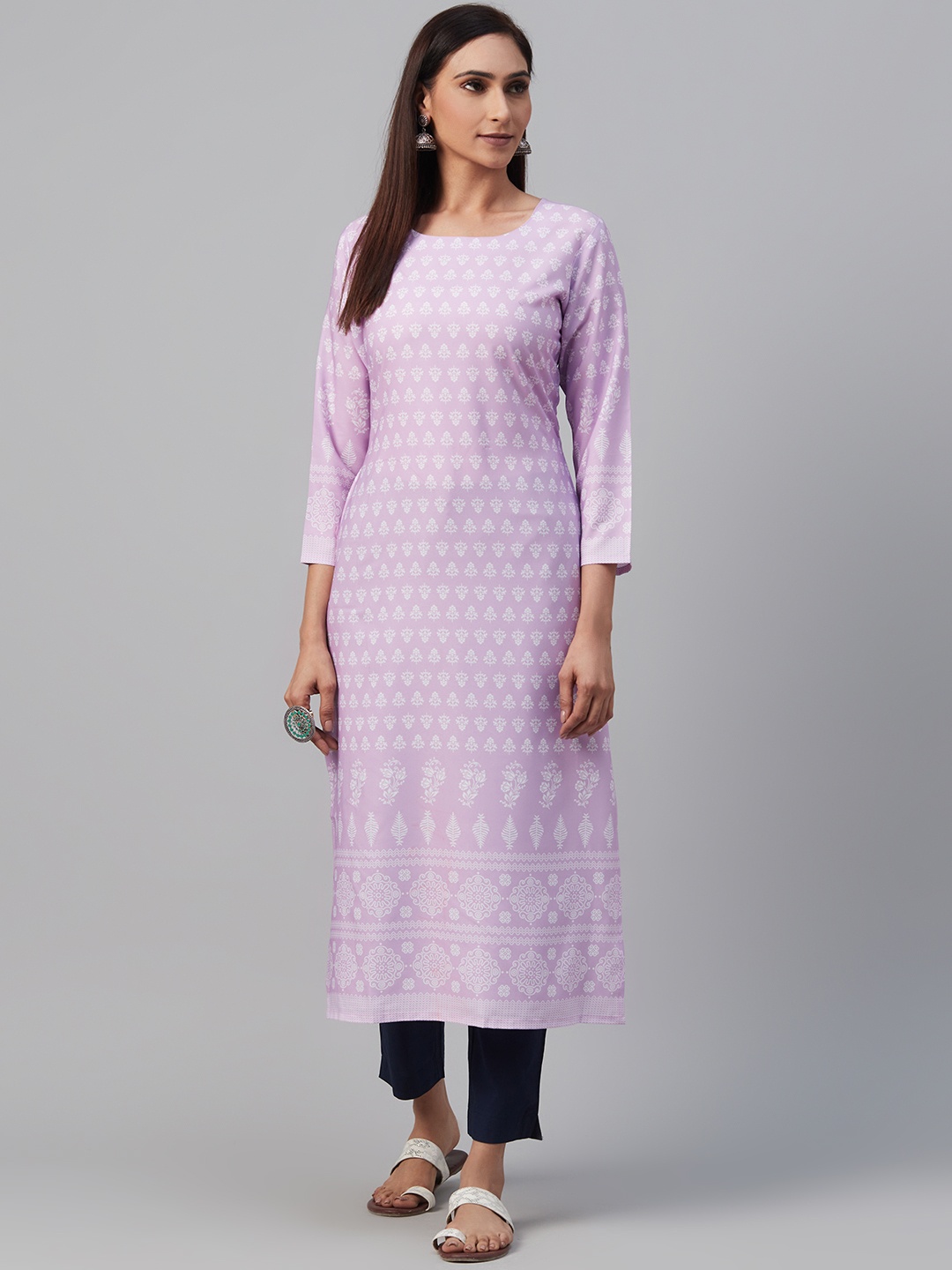 

AHIKA Women Lavender & Off-White Printed Straight Kurta