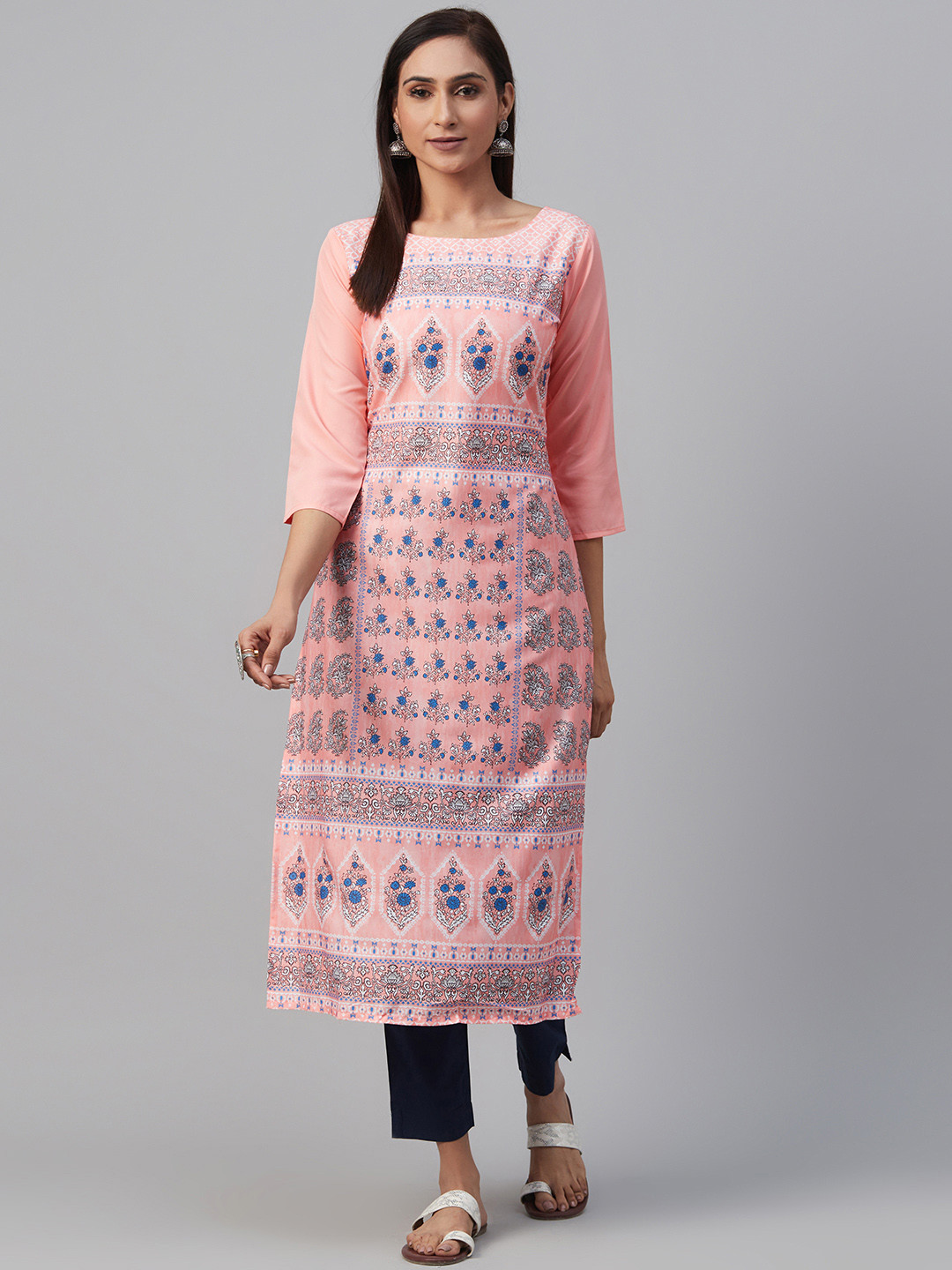 

AHIKA Women Peach-Coloured & Blue Printed Straight Kurta