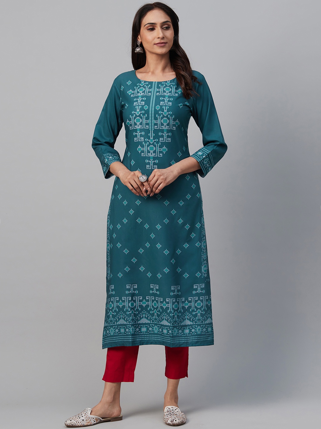 

AHIKA Women Teal Blue & White Printed Straight Kurta