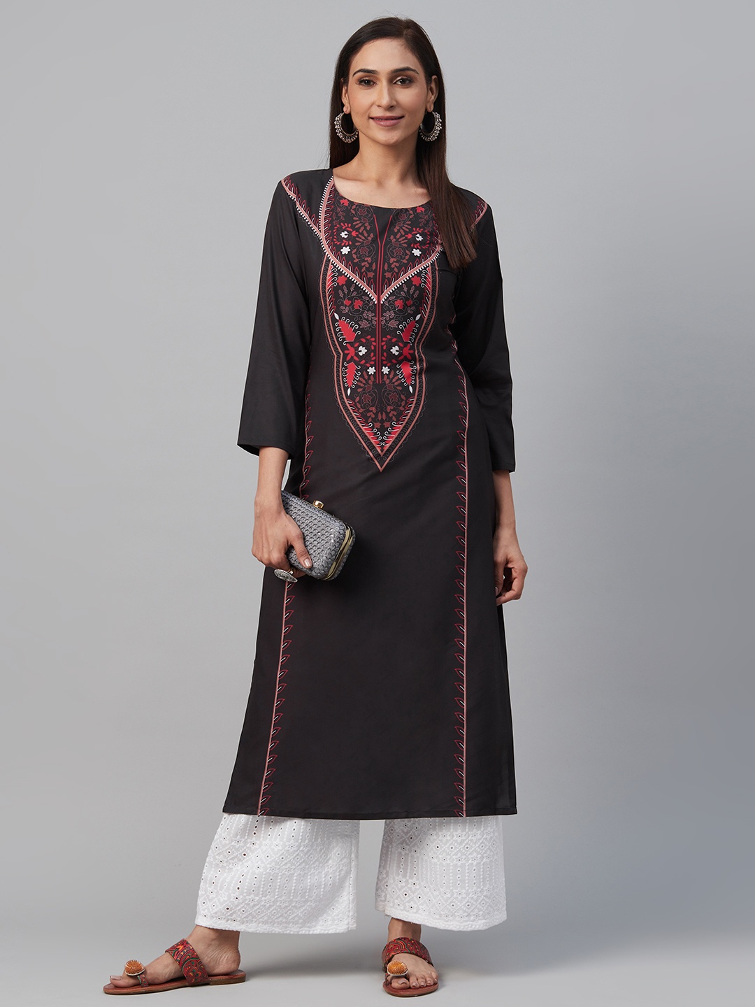 

AHIKA Women Black & Red Printed Straight Kurta