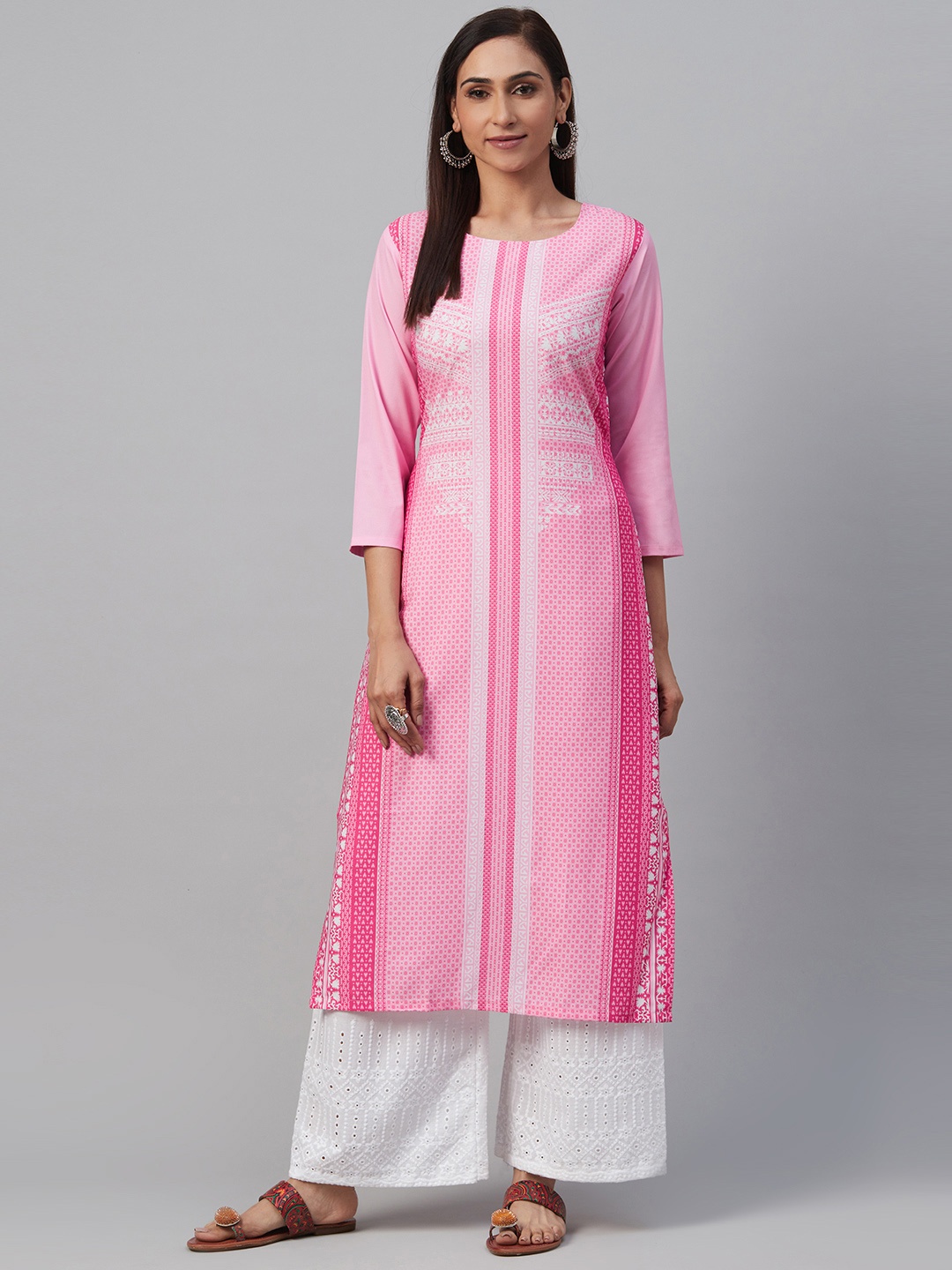 

AHIKA Women Pink & White Printed Straight Kurta