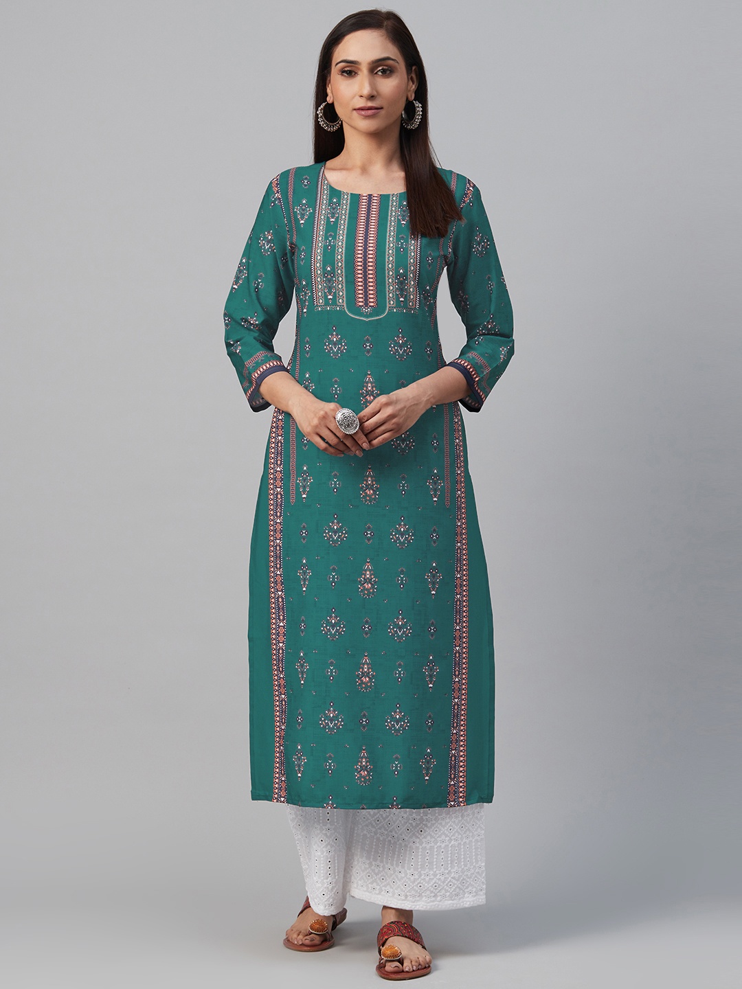 

AHIKA Women Teal Blue & Orange Ethnic Printed Straight Kurta