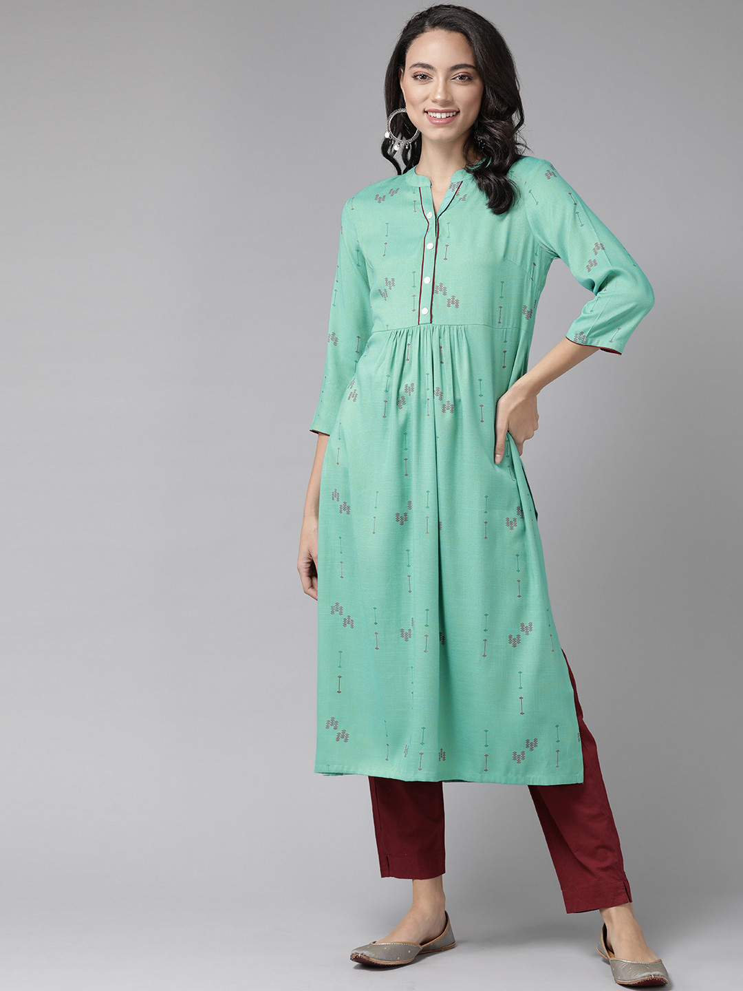 

Anouk Women Green & Maroon Printed A-Line Kurta
