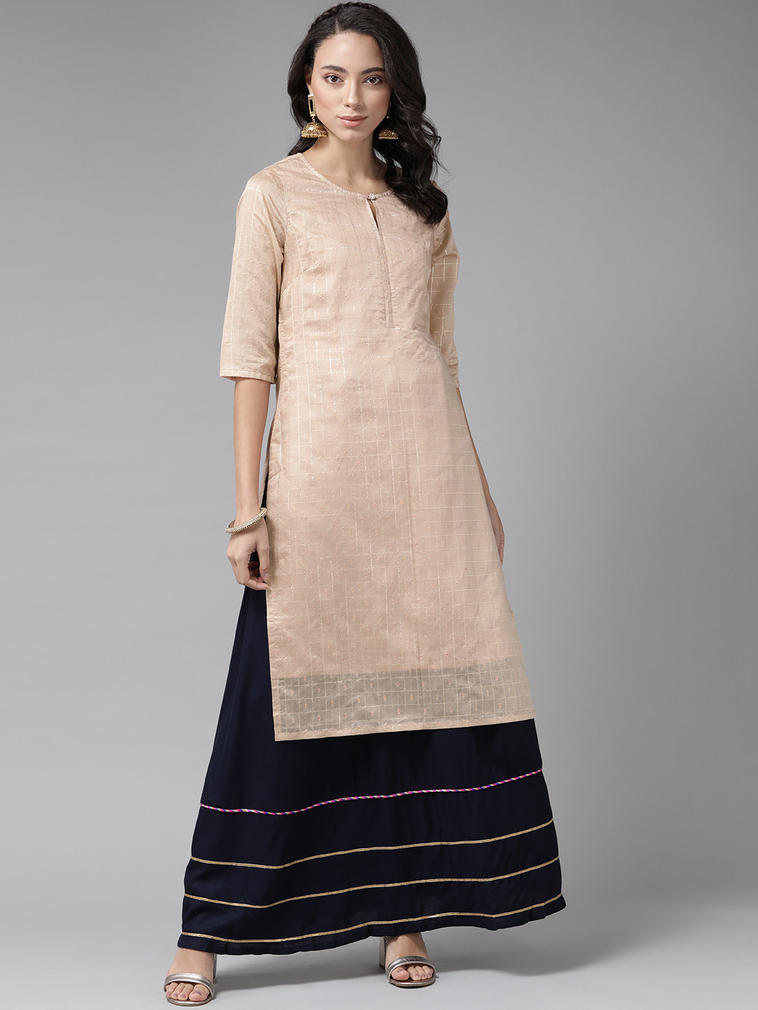 

Anouk Women Beige & Navy Blue Woven Design Kurta Set