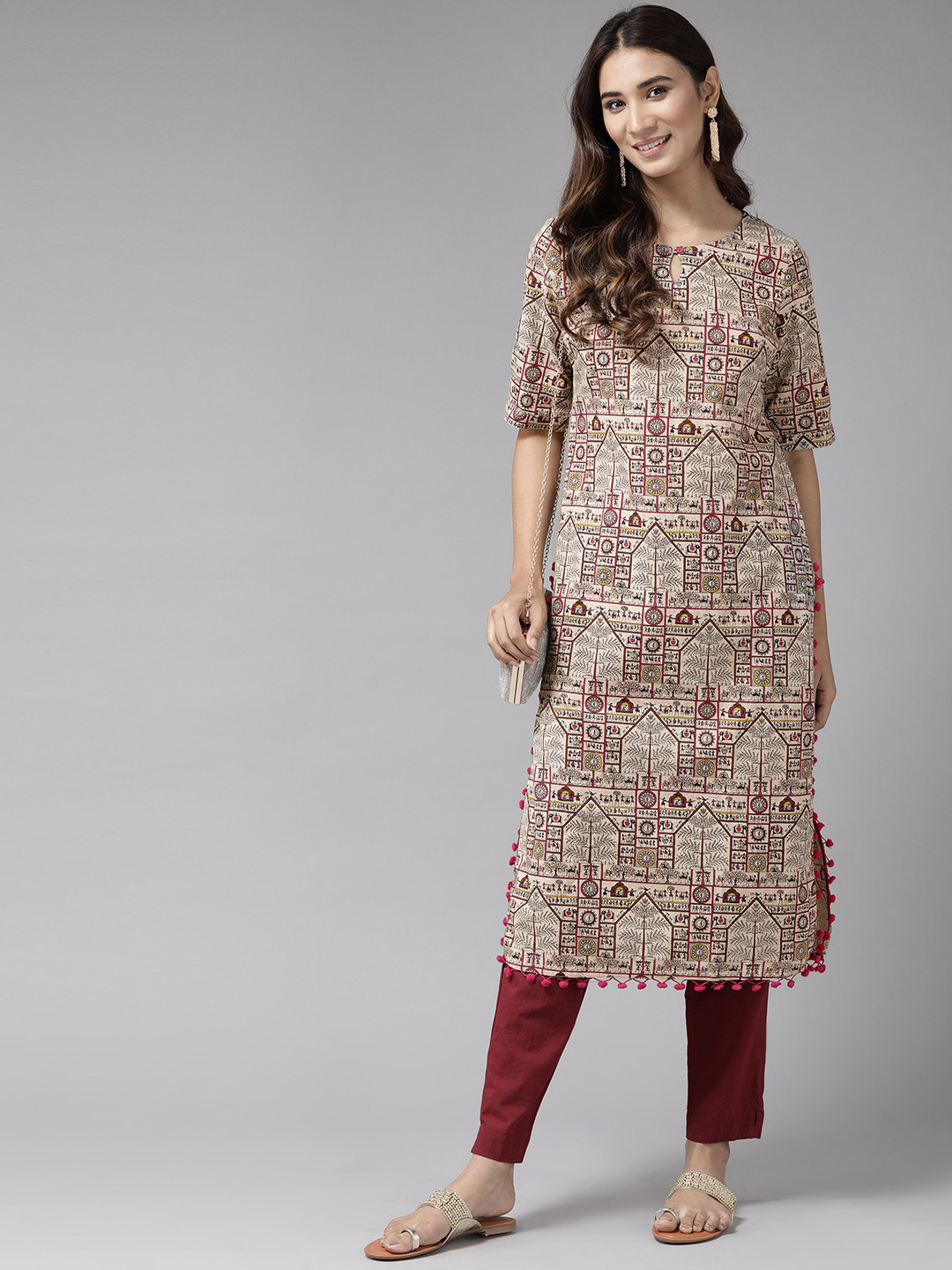 

Anouk Women Beige & Maroon Printed Straight Kurta