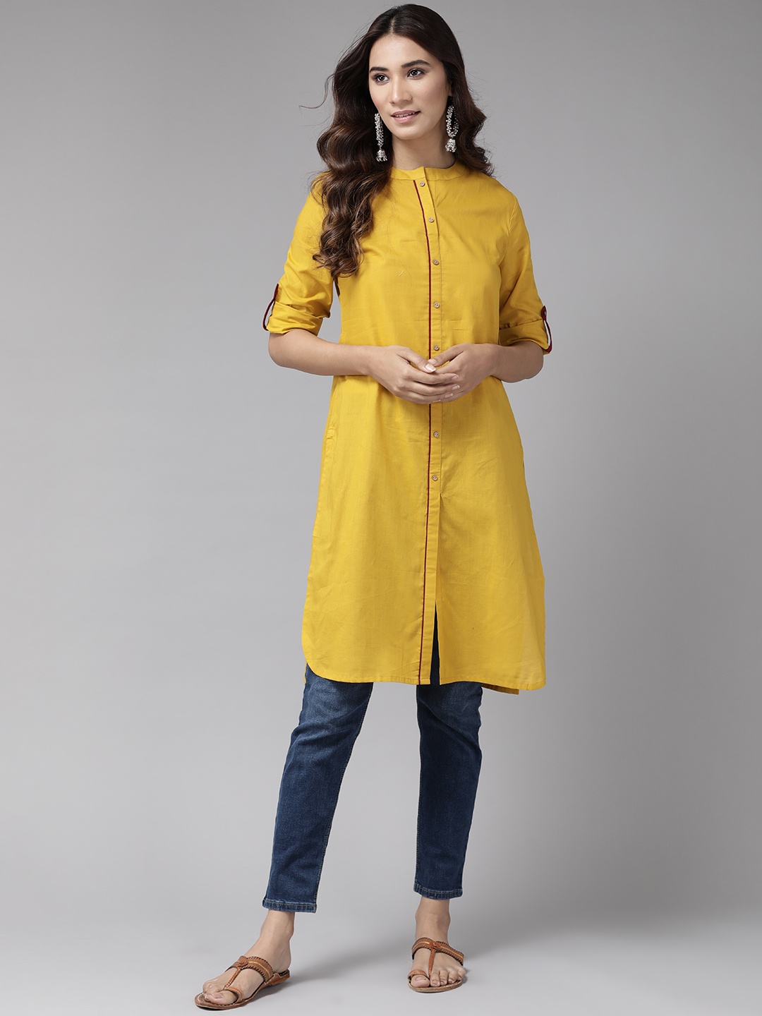 

Anouk Women Mustard Yellow Solid Straight Kurta