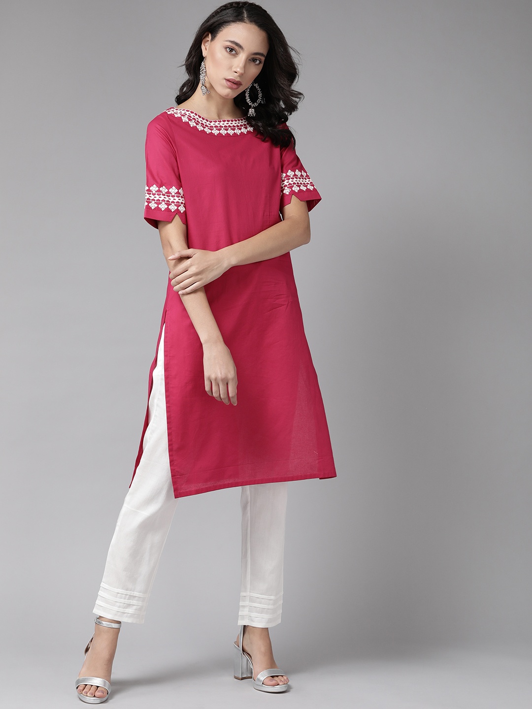

Anouk Women Fuchsia Pink & White Embroidered Detail Kurta with Trousers