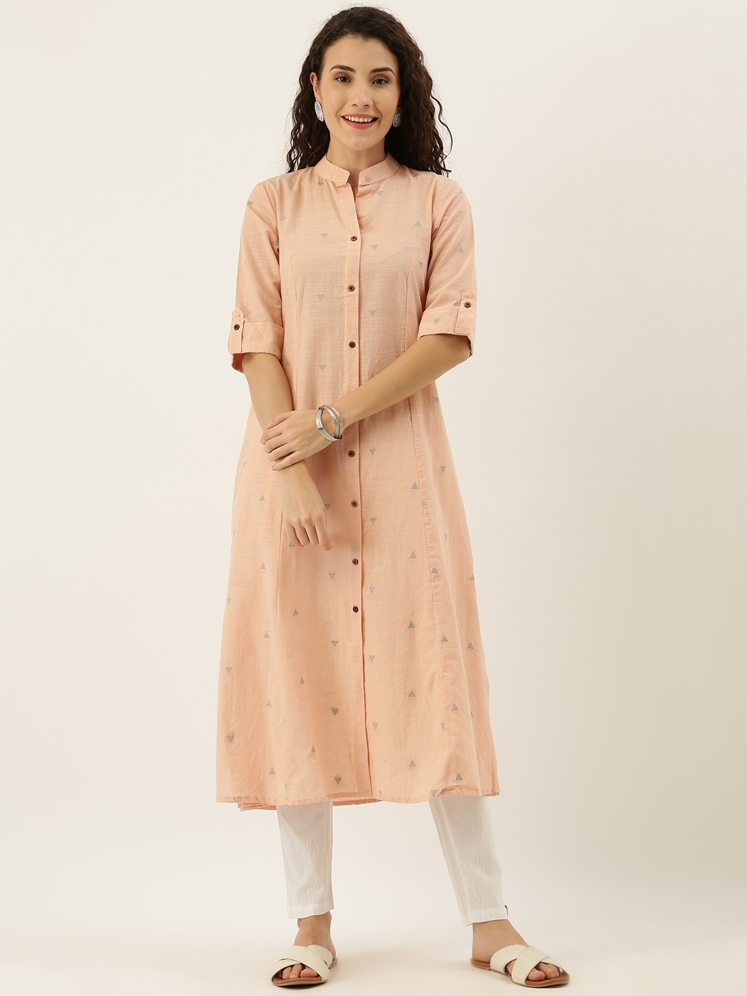 

FLAVIDO Women Peach-Coloured & Grey Woven Design A-Line Kurta
