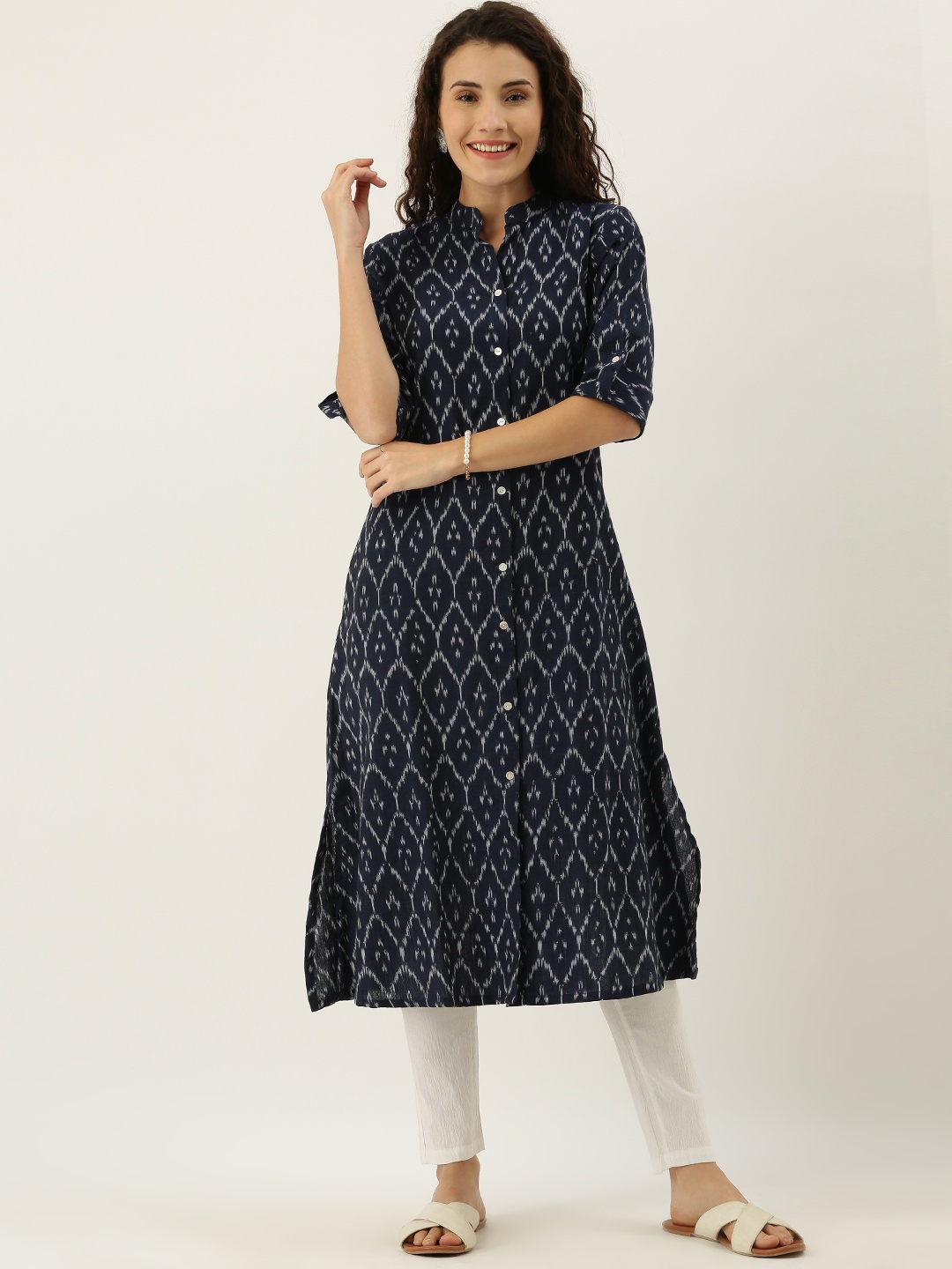 

FLAVIDO Women Navy Blue & White Woven Design A-Line Kurta