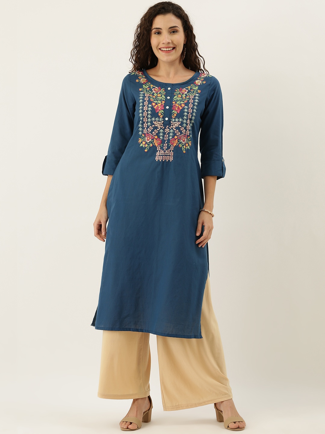 

FLAVIDO Women Navy Blue Embroidered Straight Kurta