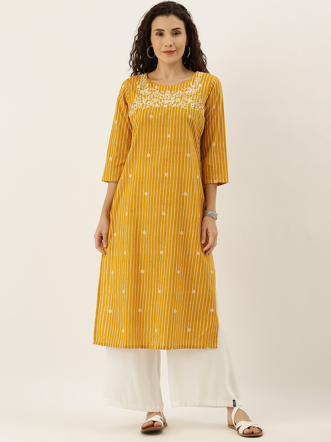 

FLAVIDO Women Mustard Yellow & White Striped Straight Kurta With Embroidery