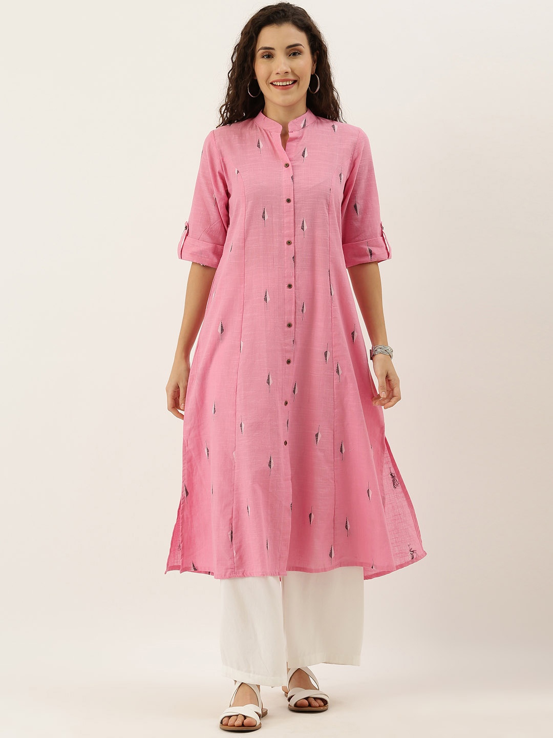 

FLAVIDO Women Pink Woven Design Panelled A-Line Kurta