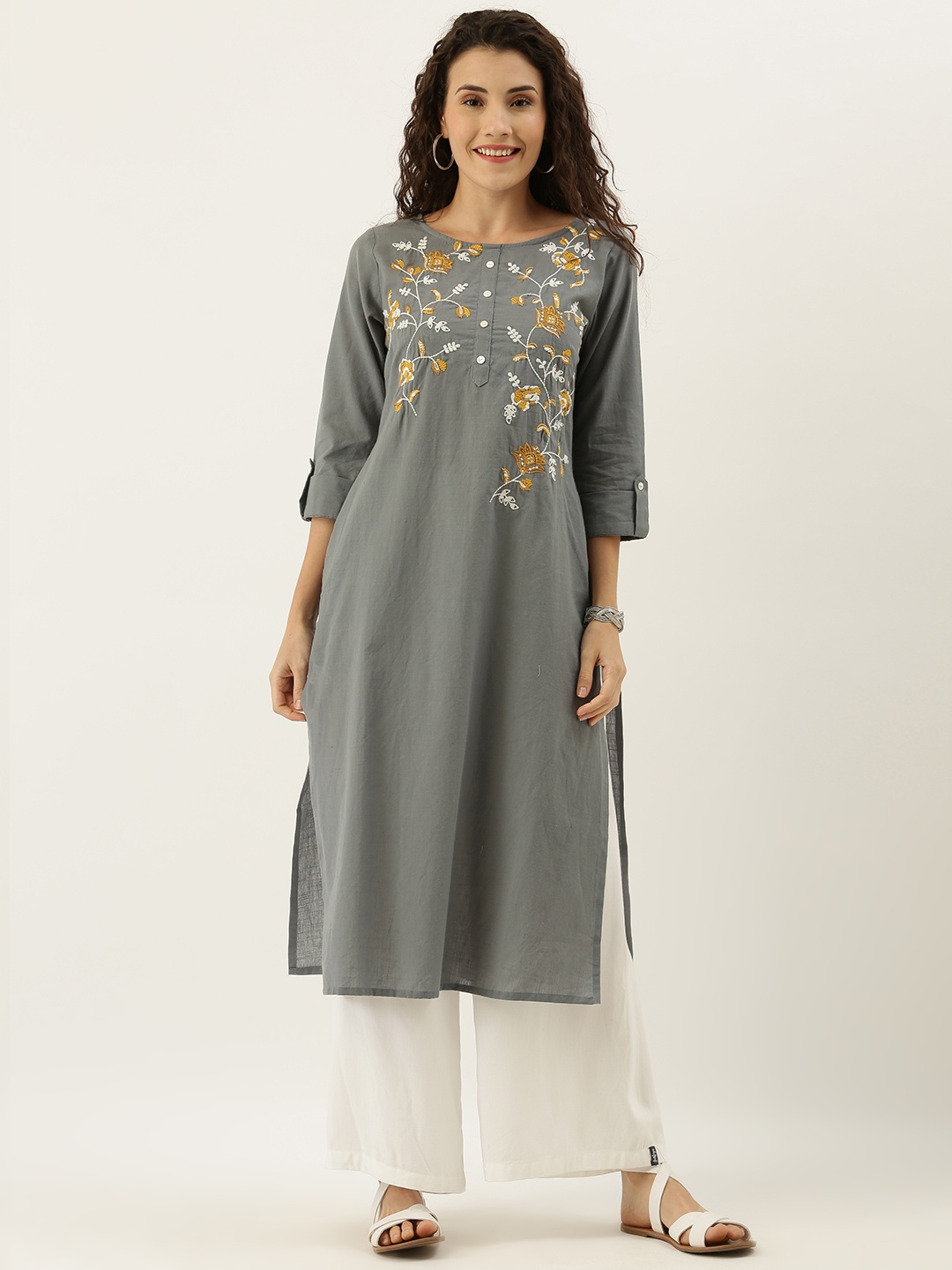 

FLAVIDO Women Grey Embroidered Straight Kurta