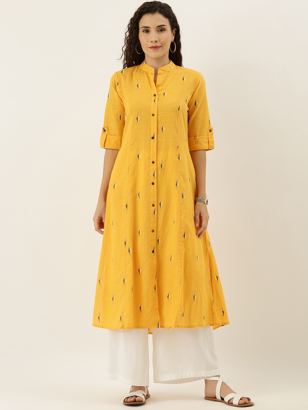 

FLAVIDO Women Mustard Yellow Woven Design Panelled A-Line Kurta