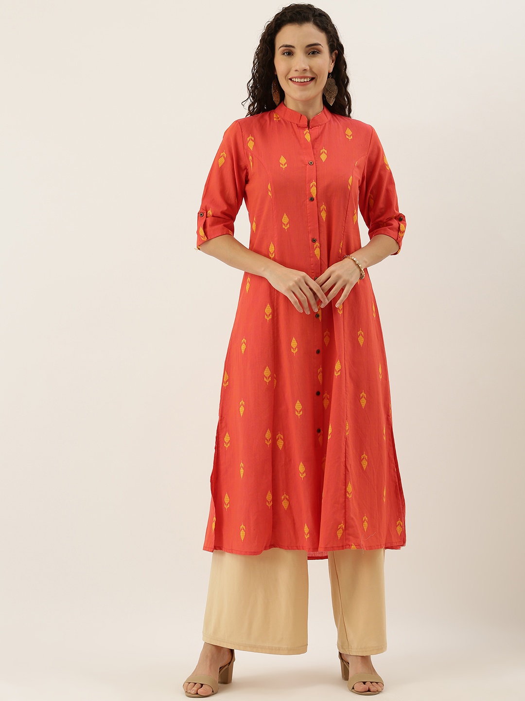 

FLAVIDO Women Orange & Mustard Woven Design A-Line Kurta