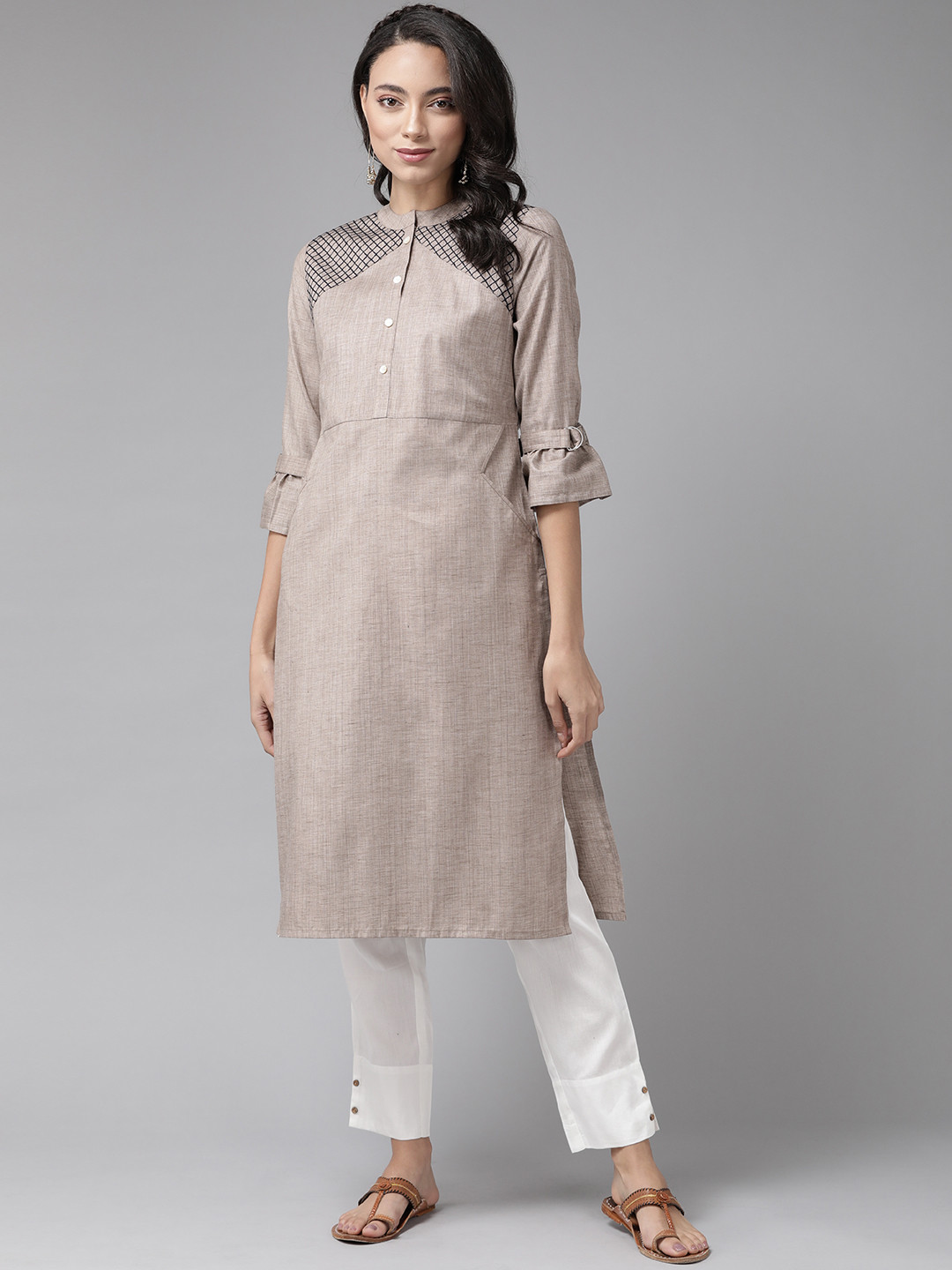 

Anouk Women Taupe & White Criss-Cross Yoke Pattern Kurta with Trousers