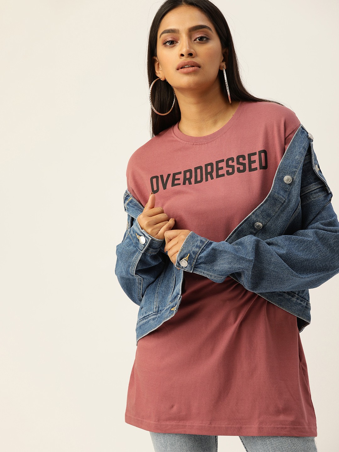 

DILLINGER Women Pink Printed Round Neck Longline Oversized Pure Cotton T-shirt