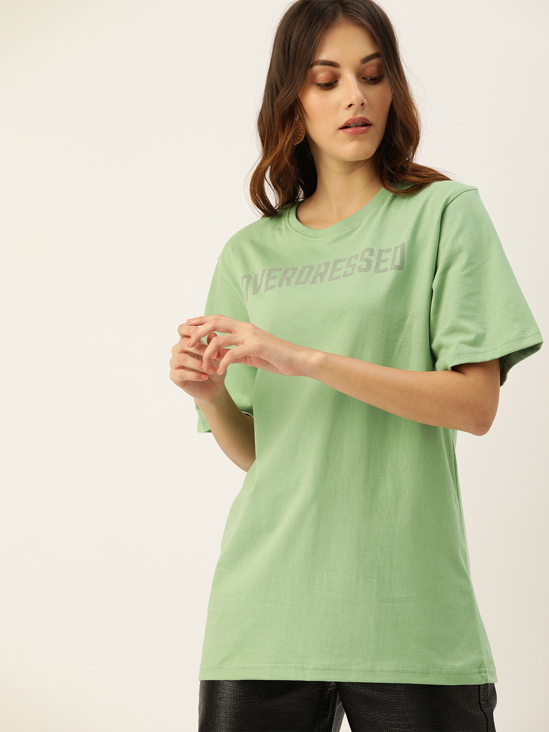 

DILLINGER Women Green Printed Longline Oversized Cotton Pure Cotton T-shirt