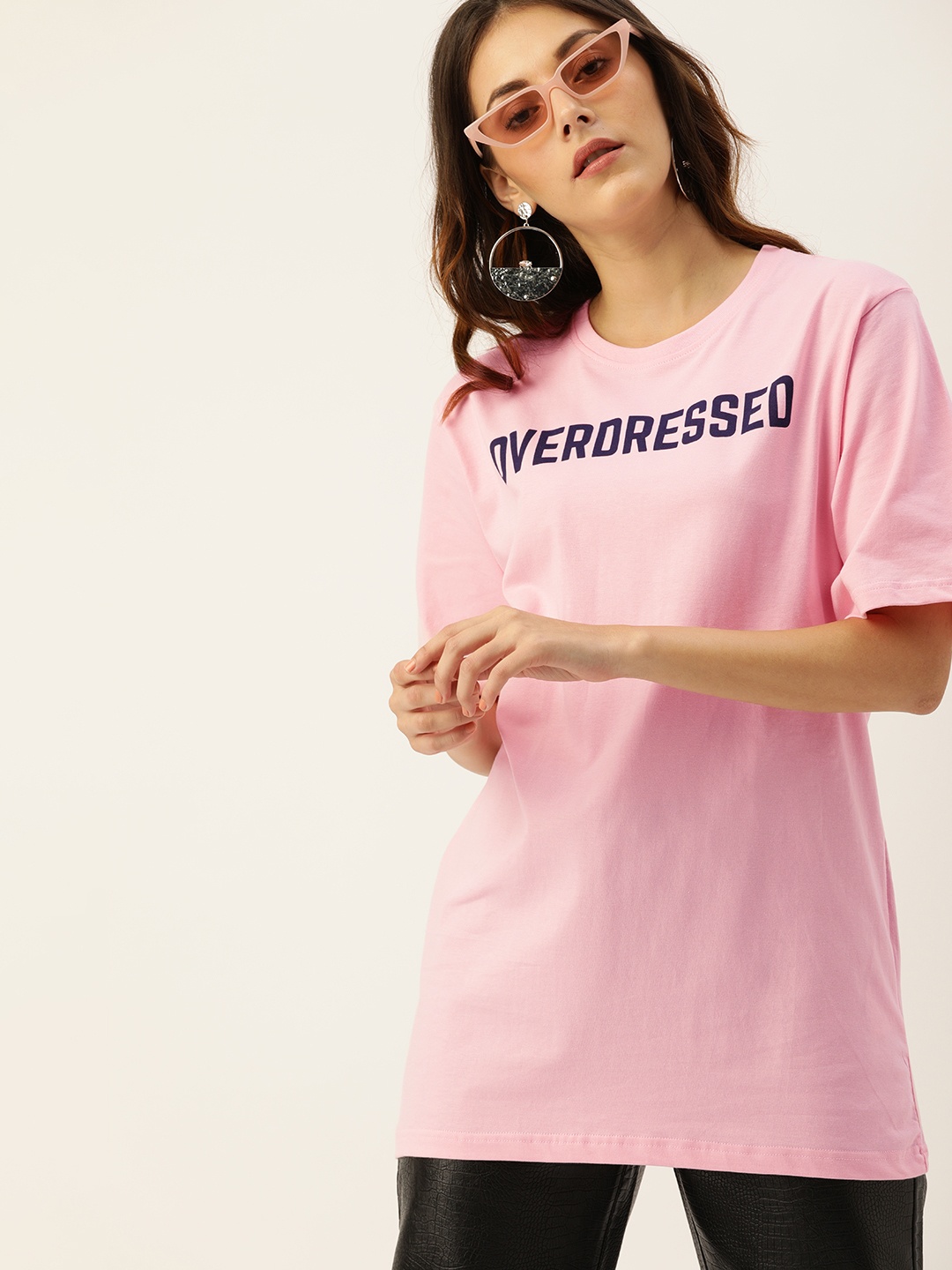 

DILLINGER Women Pink Printed Round Neck Longline Oversized Pure Cotton T-shirt