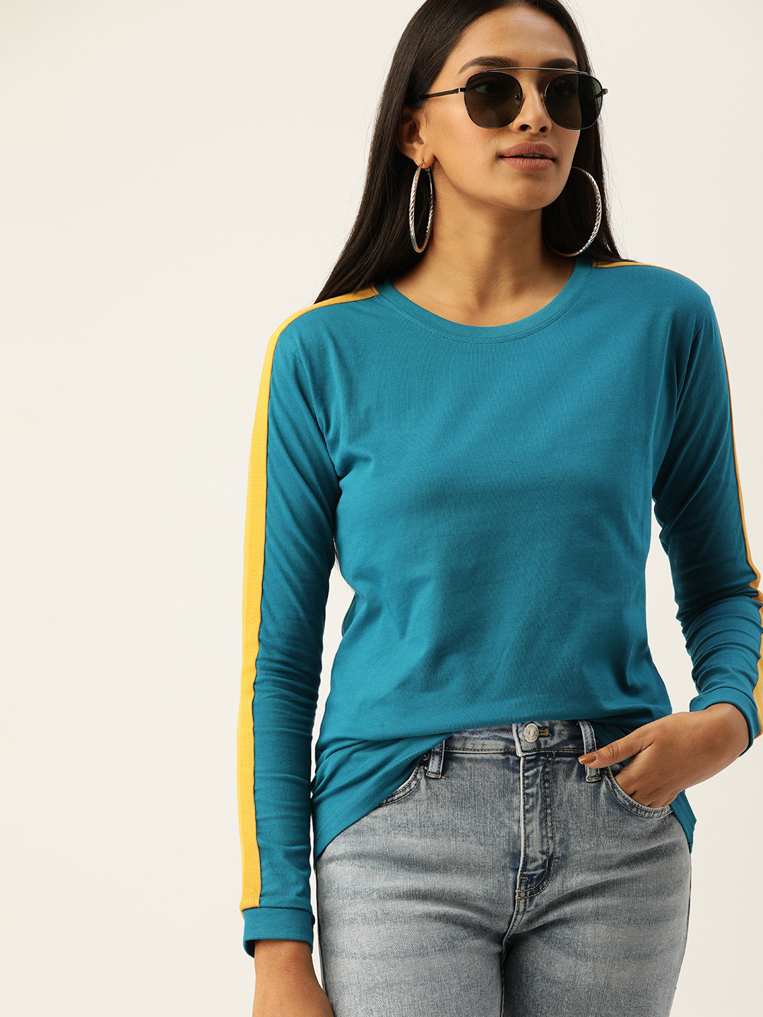 

DILLINGER Women Teal Blue Solid Round Neck Pure Cotton T-shirt with Side Taping Detail