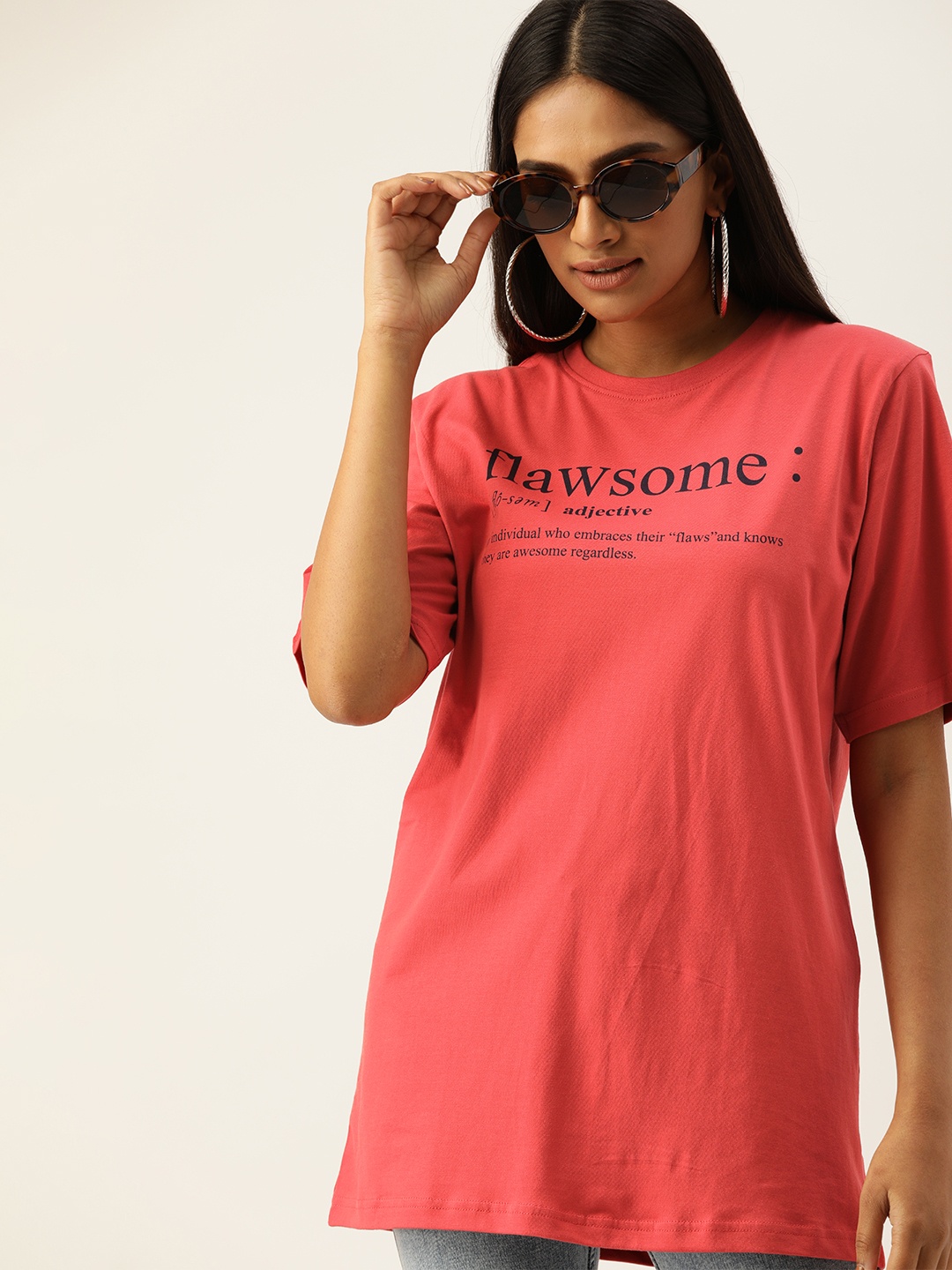 

DILLINGER Women Red Round Neck Longline Oversized Pure Cotton T-shirt