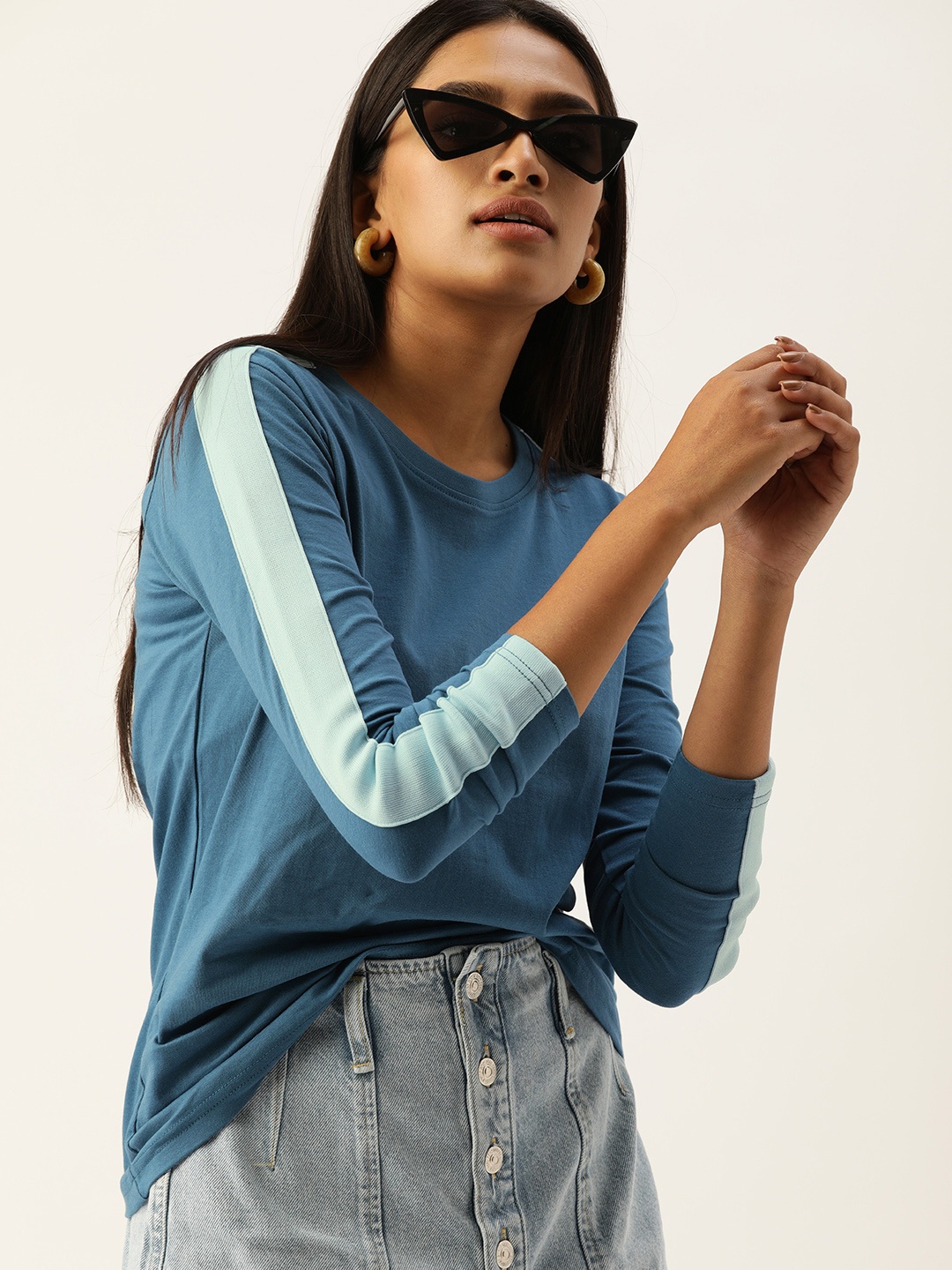 

DILLINGER Women Teal Blue Solid Round Neck Pure Cotton T-shirt with Side Stripes