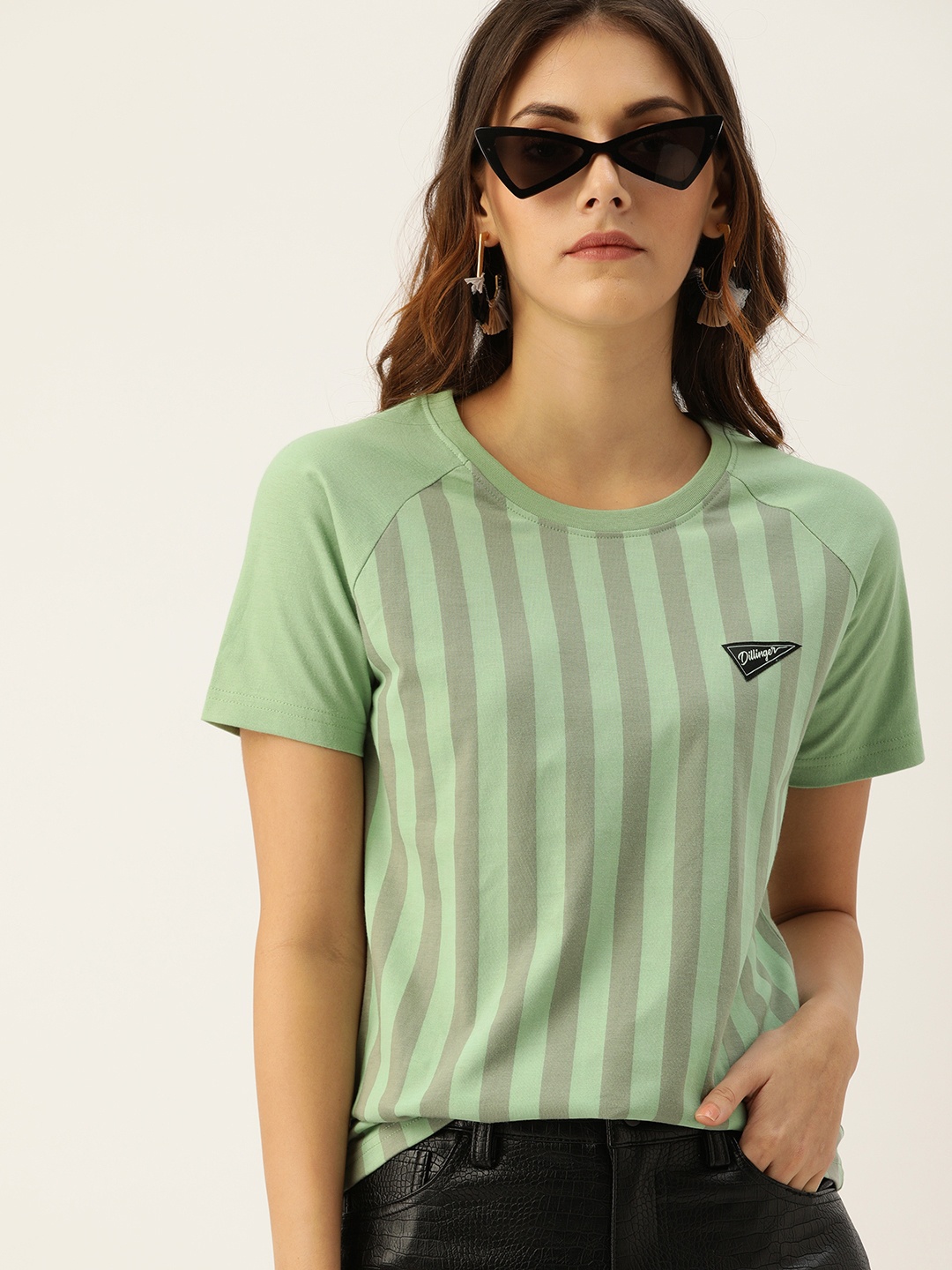 

DILLINGER Women Green Grey Striped Round Neck Pure Cotton T-shirt