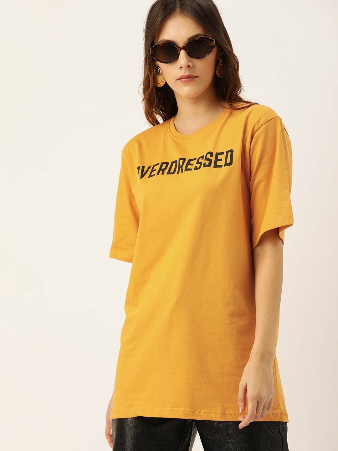 

DILLINGER Women Mustard Yellow Printed Round Neck Longline Oversized Pure Cotton T-shirt