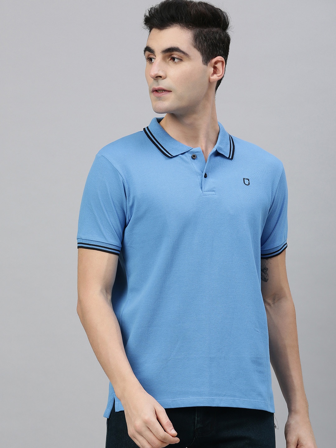

Urbano Fashion Men Blue Solid Polo Collar Pure Cotton T-shirt