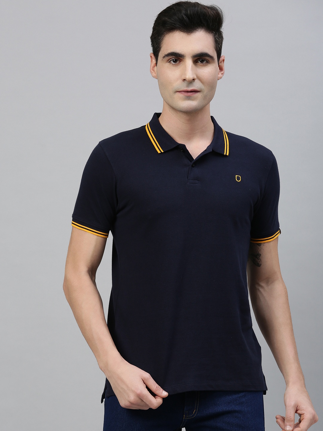 

Urbano Fashion Men Navy Blue Solid Polo Collar Pure Cotton T-shirt