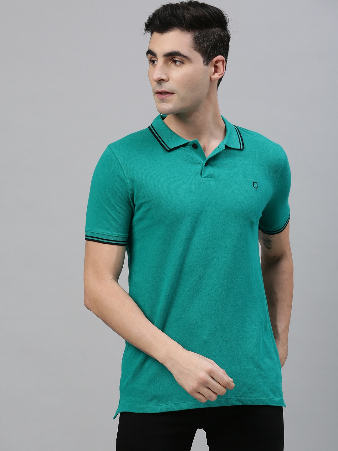 

Urbano Fashion Men Teal Solid Polo Collar Pure Cotton T-shirt