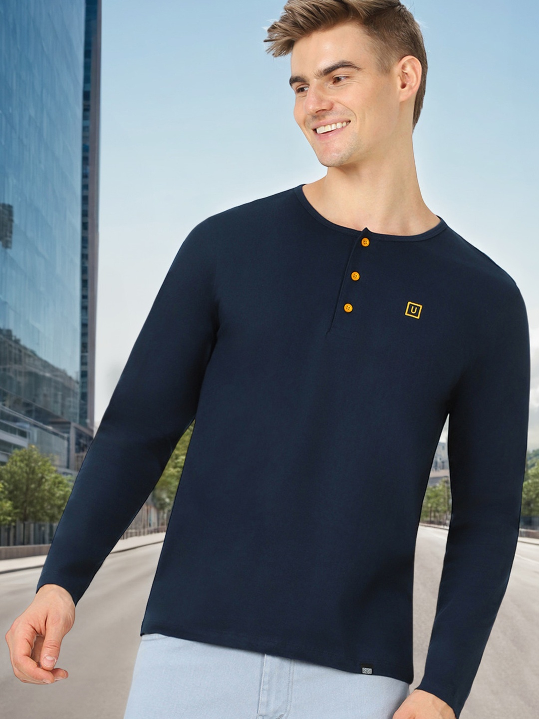 

Urbano Fashion Men Navy Blue Solid Henley Neck Pure Cotton T-shirt