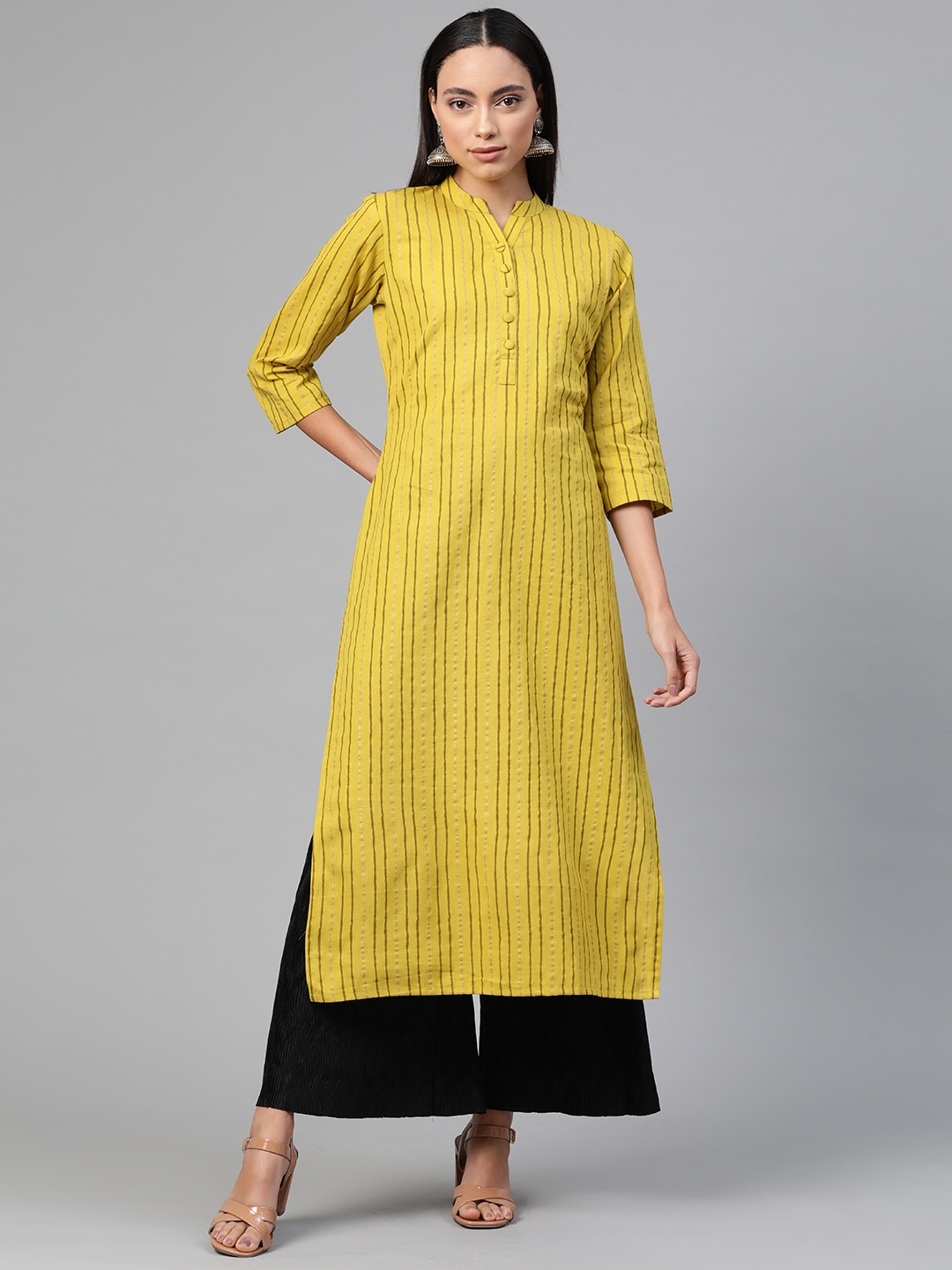 

Ginni Arora Label Women Lime Green & Golden Striped Straight Kurta