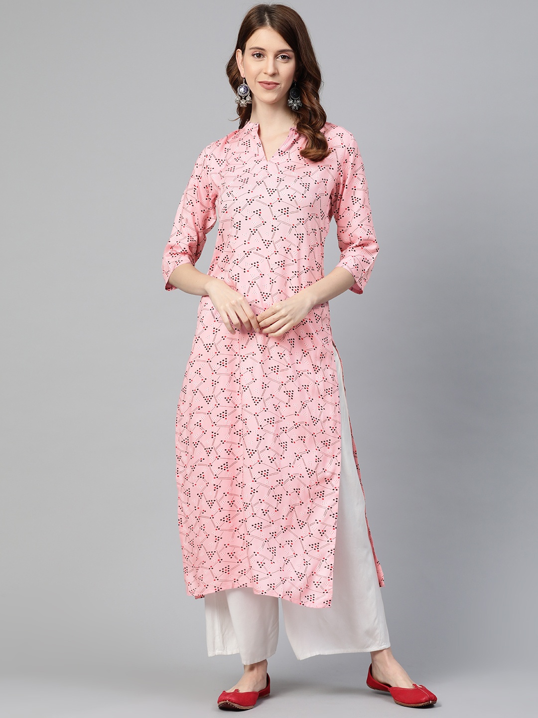 

Ginni Arora Label Women Pink & Black Geometric Printed Straight Kurta