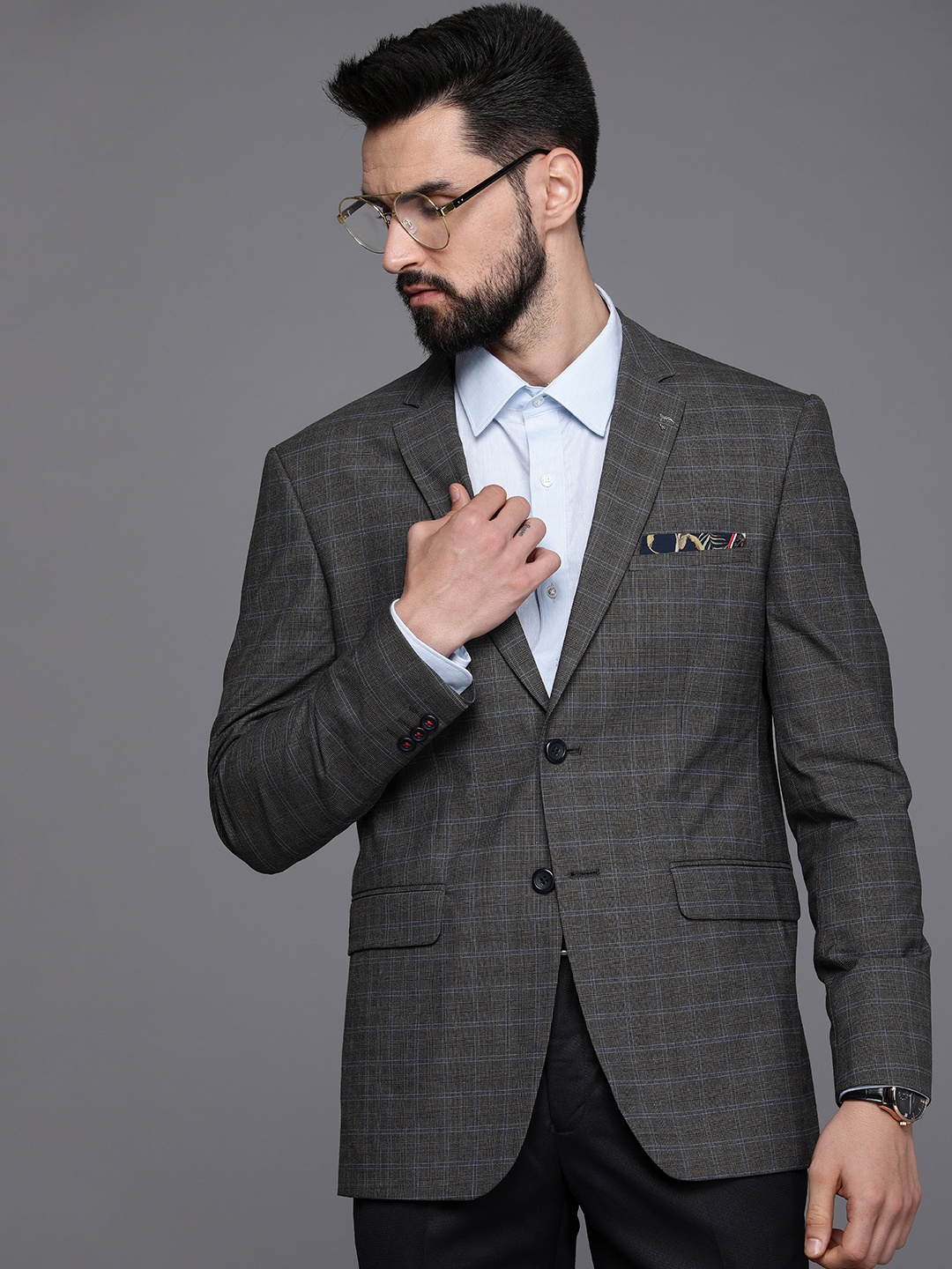 

Allen Solly Men Charcoal-Grey & Blue Checked Slim-Fit Single-Breasted Casual Blazer