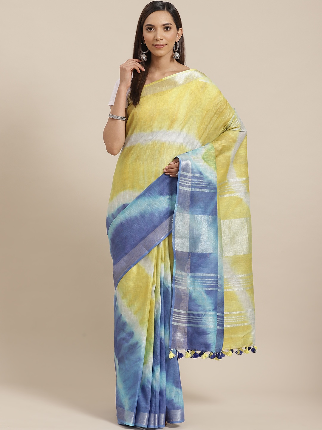 

Kalakari India Yellow & Blue Dyed Bhagalpuri Handloom Saree