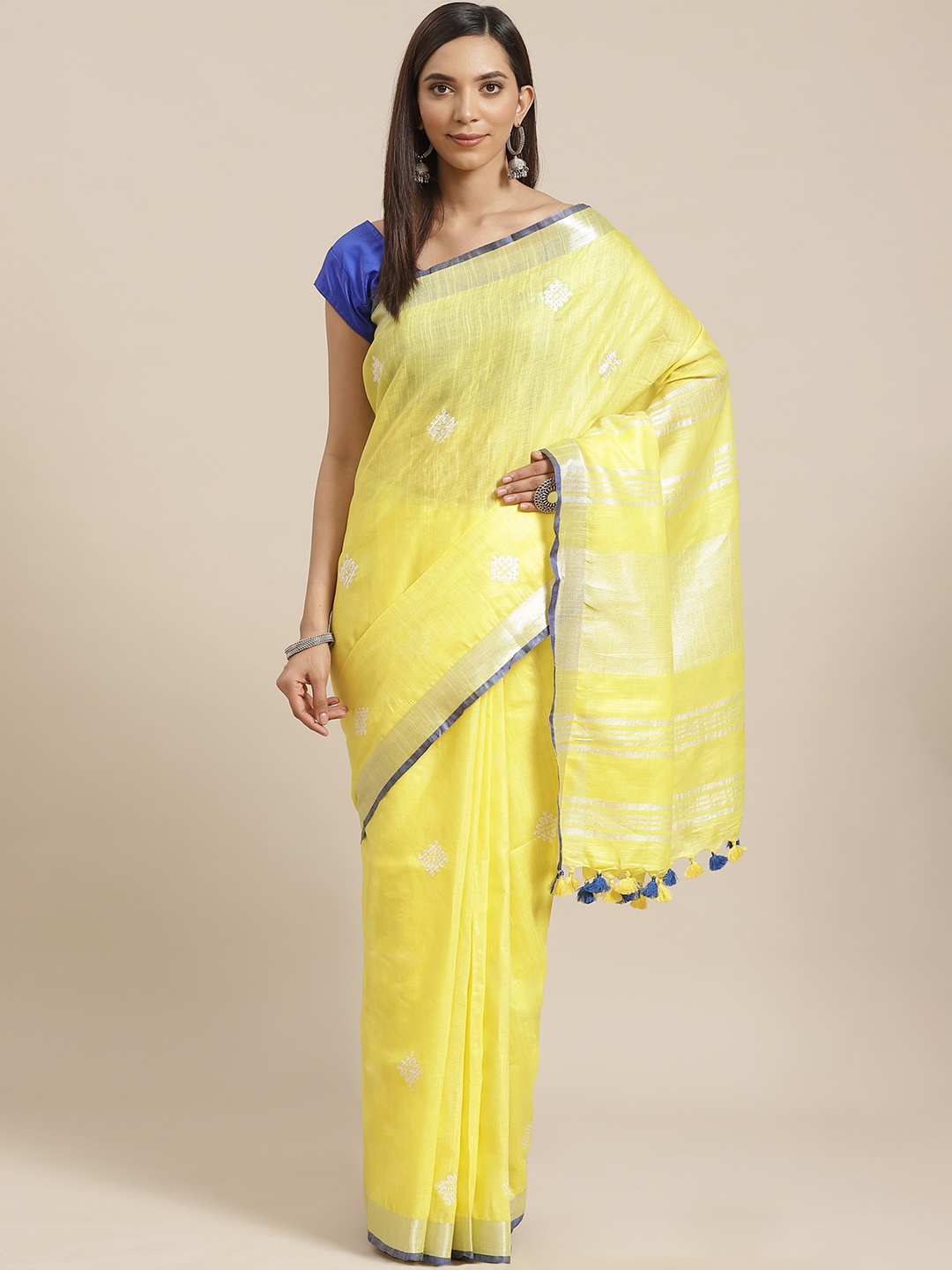 

Kalakari India Yellow & White Embroidered Bhagalpuri Handloom Saree