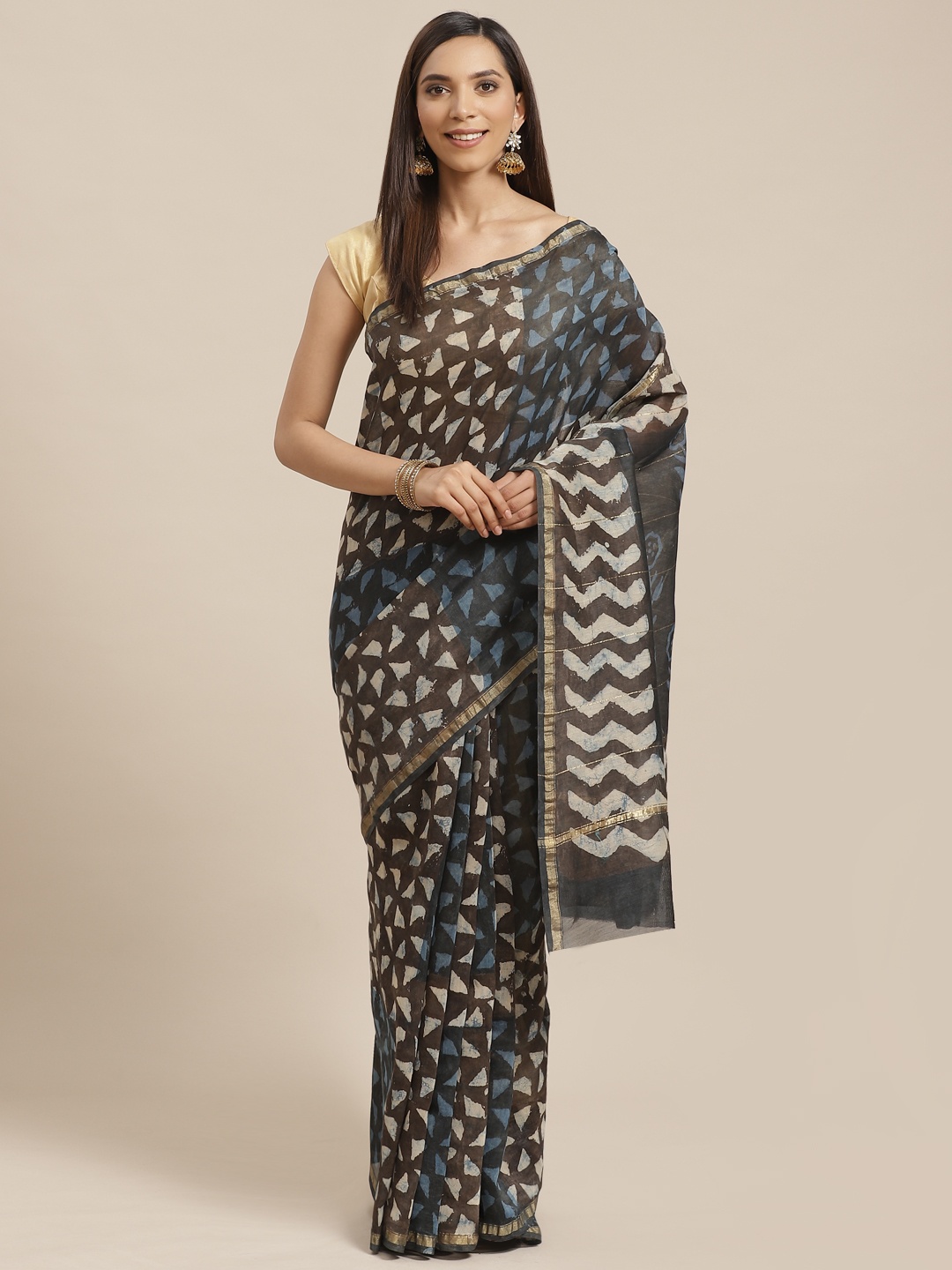 

Kalakari India Black & Beige Ethnic Block Print Handloom Saree