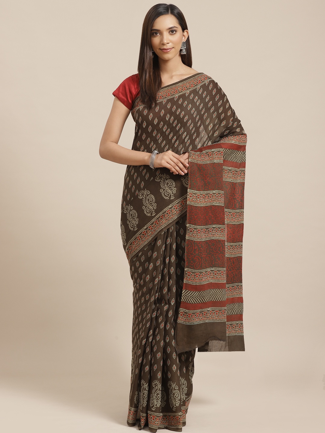 

Kalakari India Charcoal Grey & Red Pure Cotton Handloom Block Print Sustainable Saree