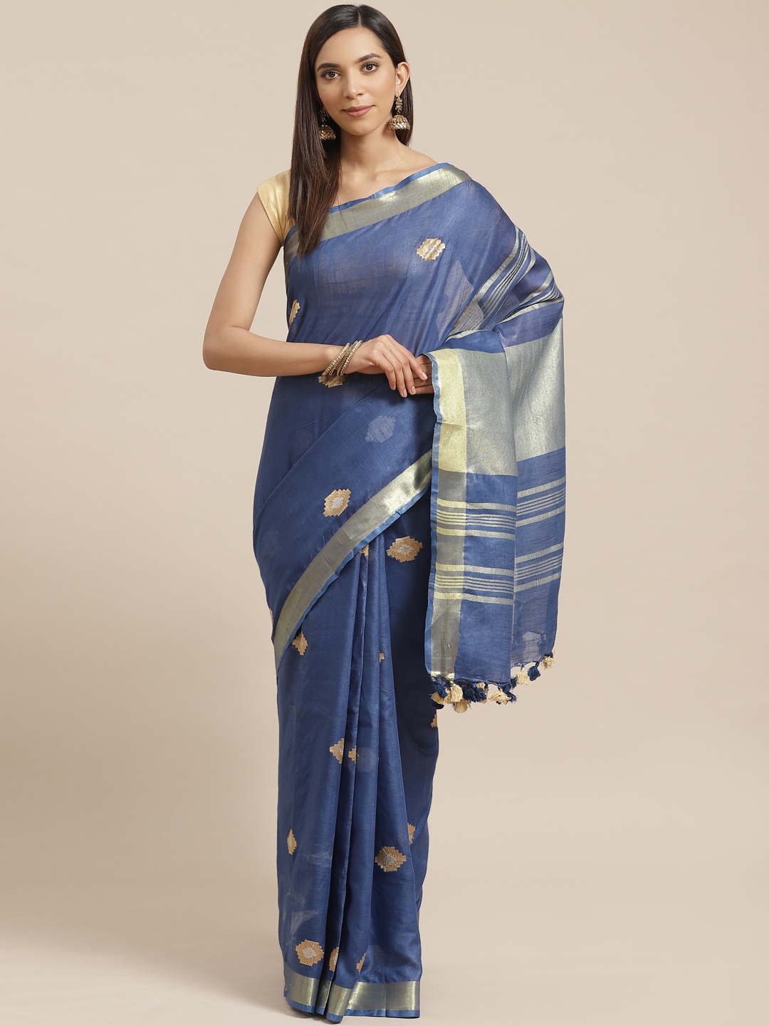 

Kalakari India Blue & Golden Handloom Woven Design Bhagalpuri Sustainable Saree