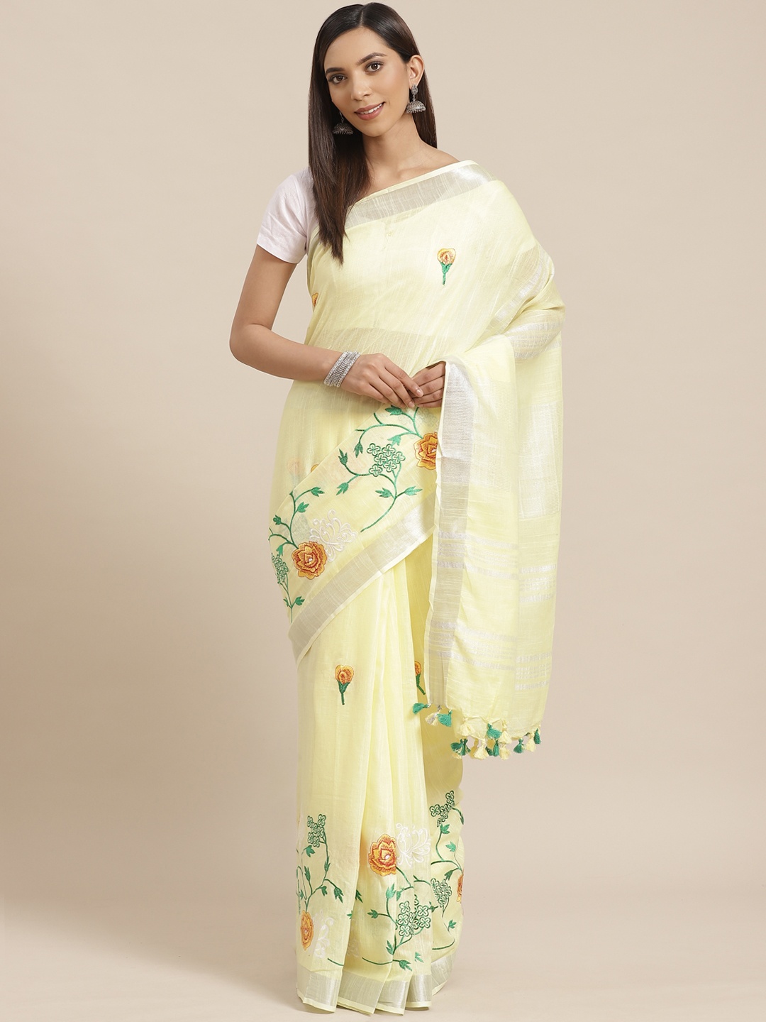 

Kalakari India Yellow & Green Handloom Embroidered Bhagalpuri Sustainable Saree
